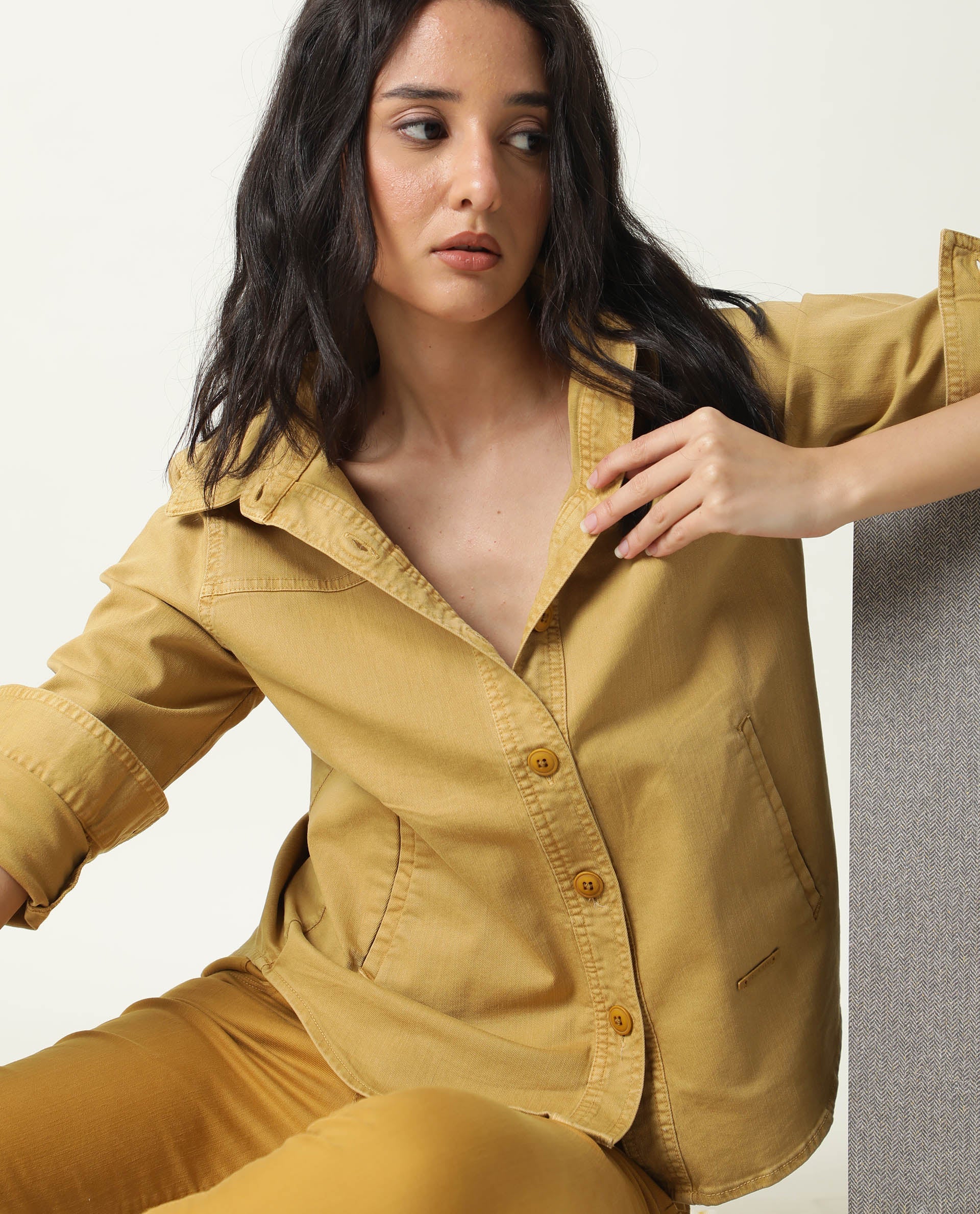 Rareism Women's Mission Mustard Cotton Blend Spread Collar Plain Regular Fit Jacket - Image 5