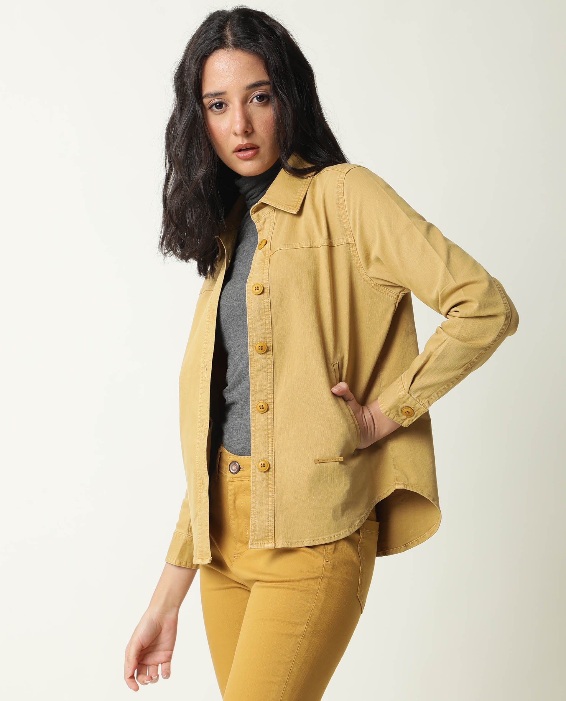 Rareism Women's Mission Mustard Cotton Blend Spread Collar Plain Regular Fit Jacket - Image 6