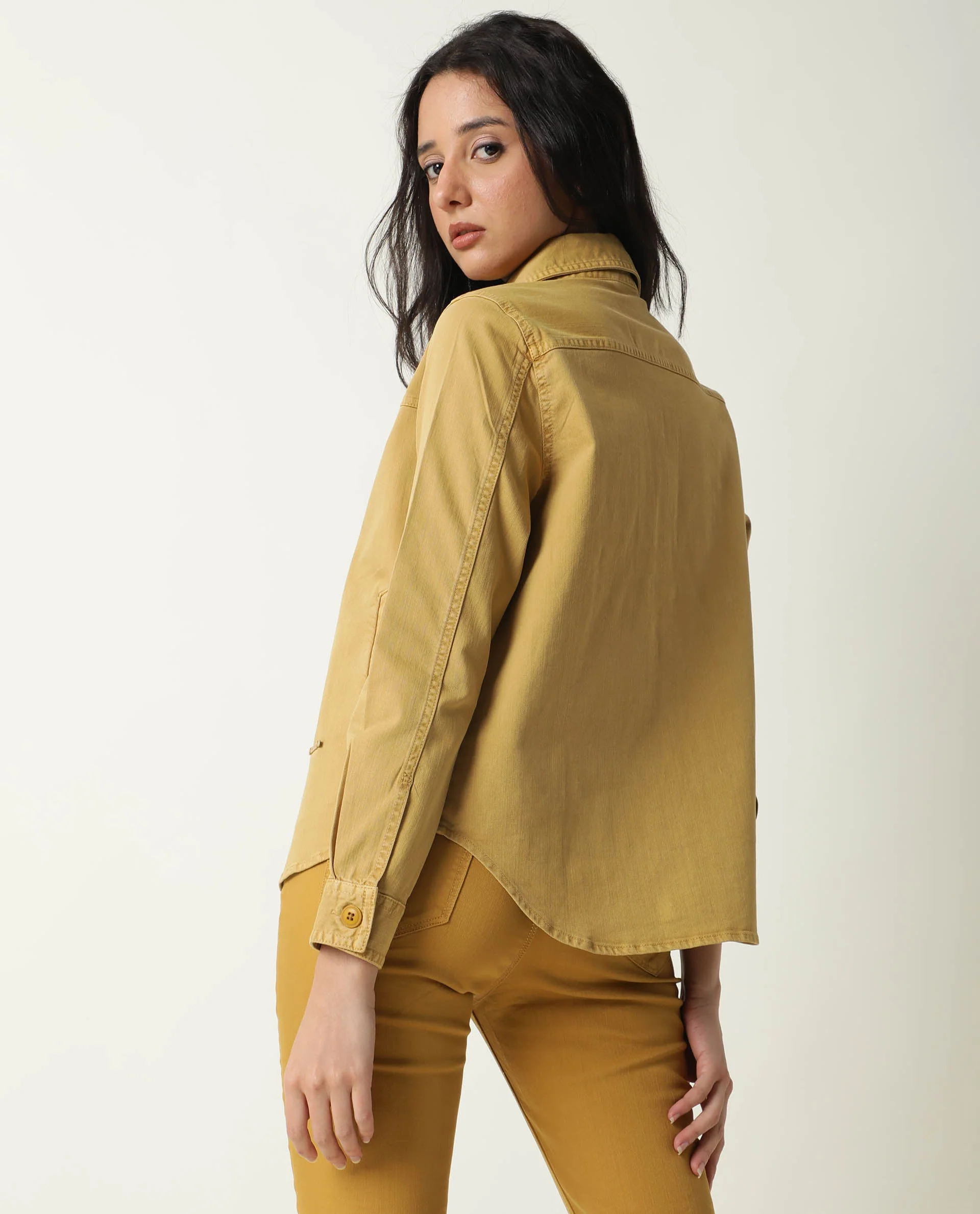 Rareism Women's Mission Mustard Cotton Blend Spread Collar Plain Regular Fit Jacket - Image 7