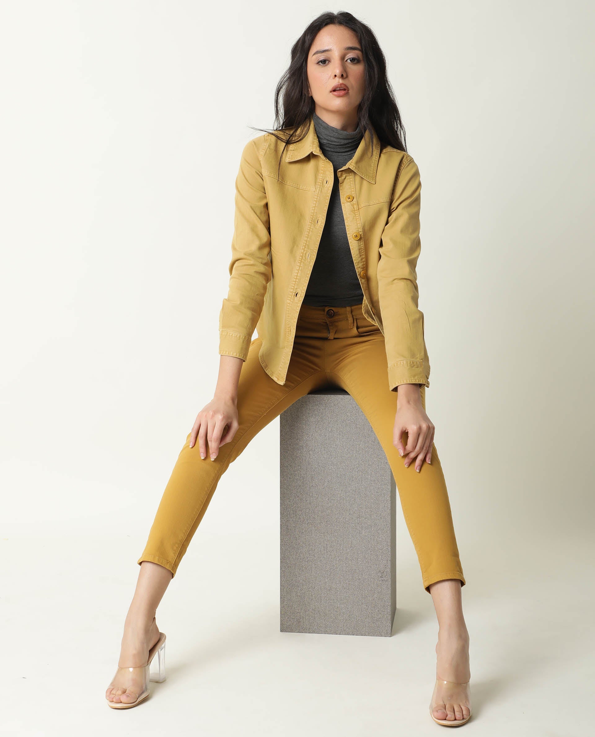 Rareism Women's Mission Mustard Cotton Blend Spread Collar Plain Regular Fit Jacket - Image 9