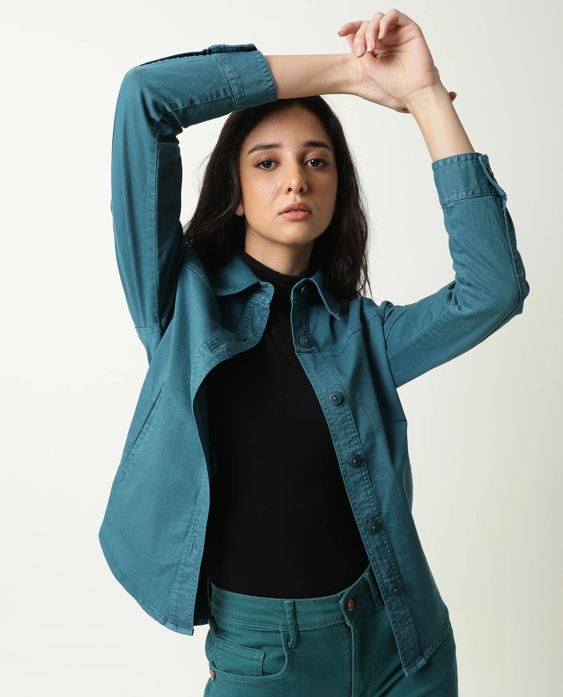 Rareism Women's Mission Petrol Cotton Blend Spread Collar Plain Regular Fit Jacket