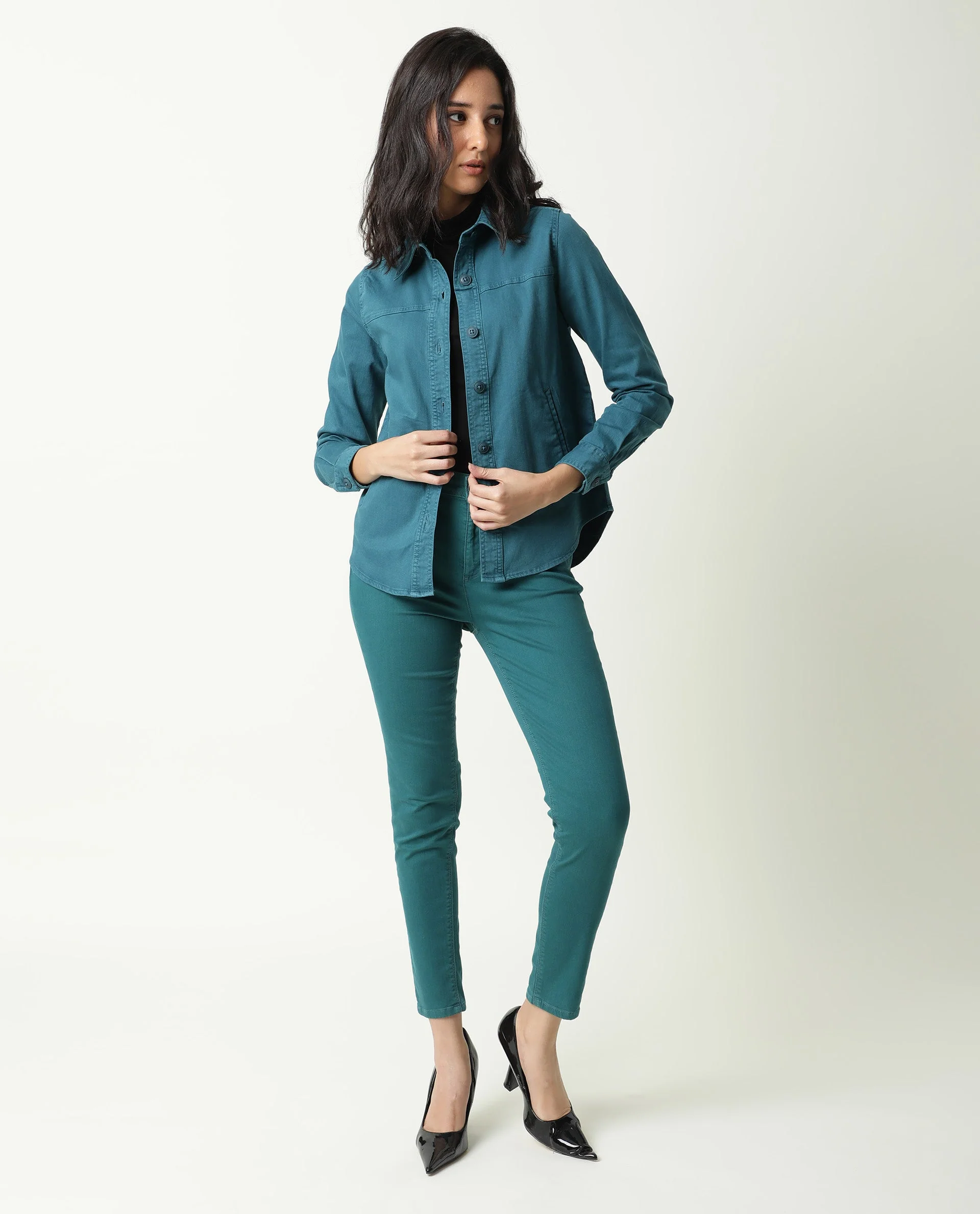 Rareism Women's Mission Petrol Cotton Blend Spread Collar Plain Regular Fit Jacket - Image 11