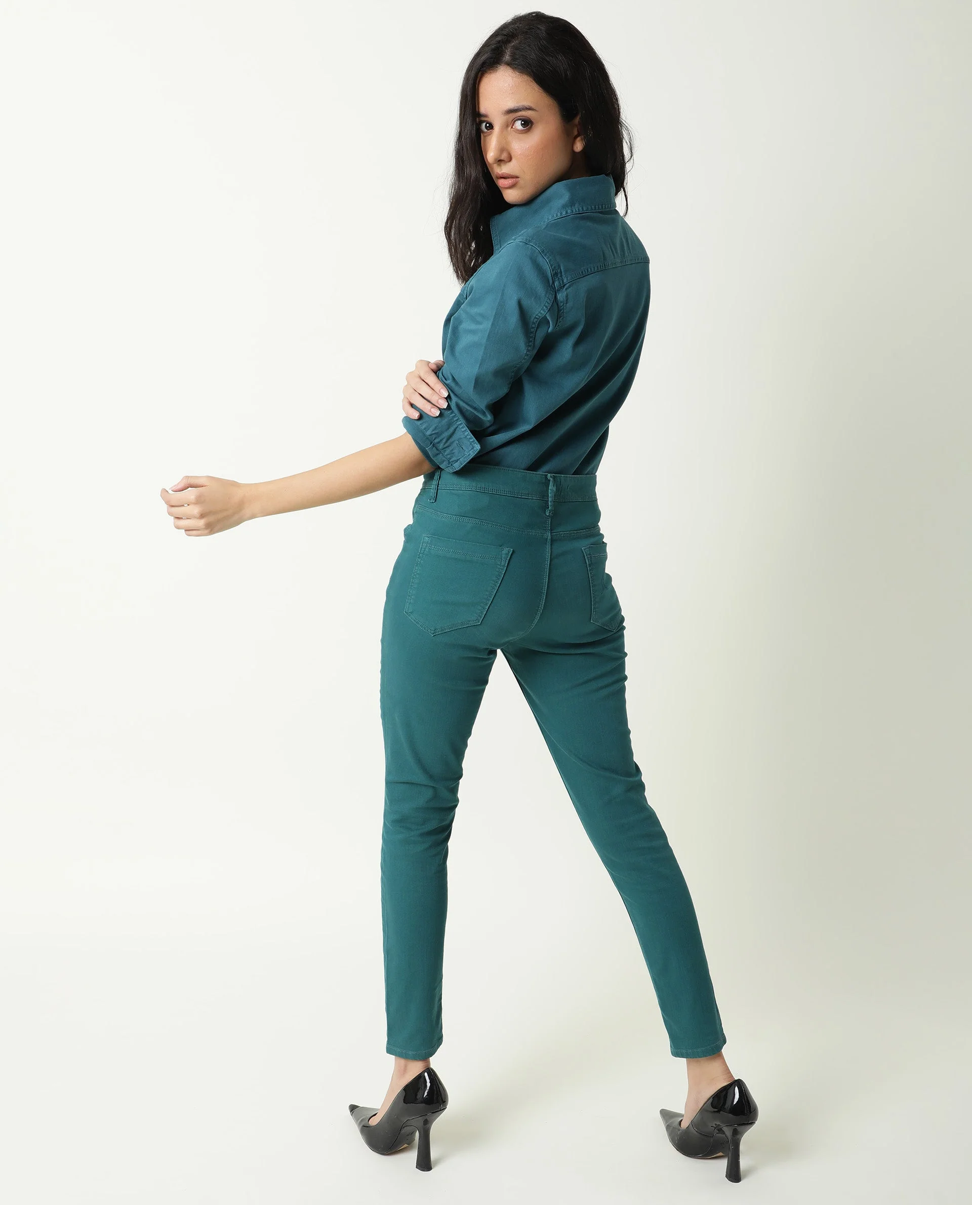 Rareism Women's Mission Petrol Cotton Blend Spread Collar Plain Regular Fit Jacket - Image 2