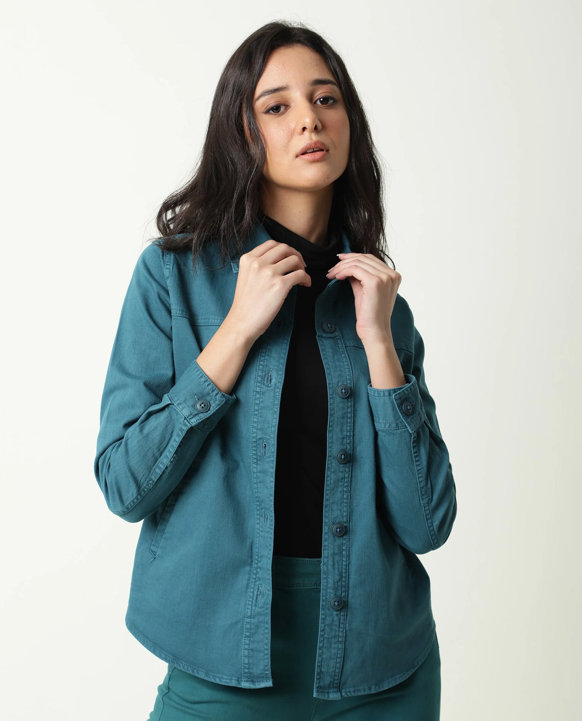 Rareism Women's Mission Petrol Cotton Blend Spread Collar Plain Regular Fit Jacket - Image 7