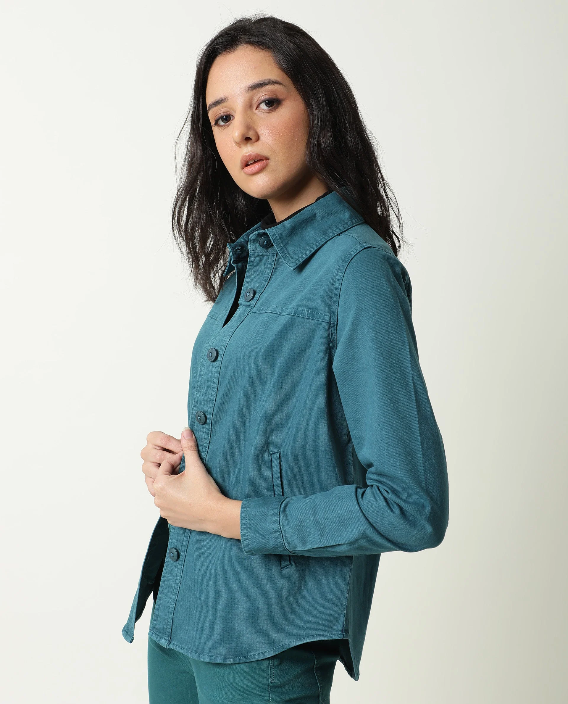 Rareism Women's Mission Petrol Cotton Blend Spread Collar Plain Regular Fit Jacket - Image 8