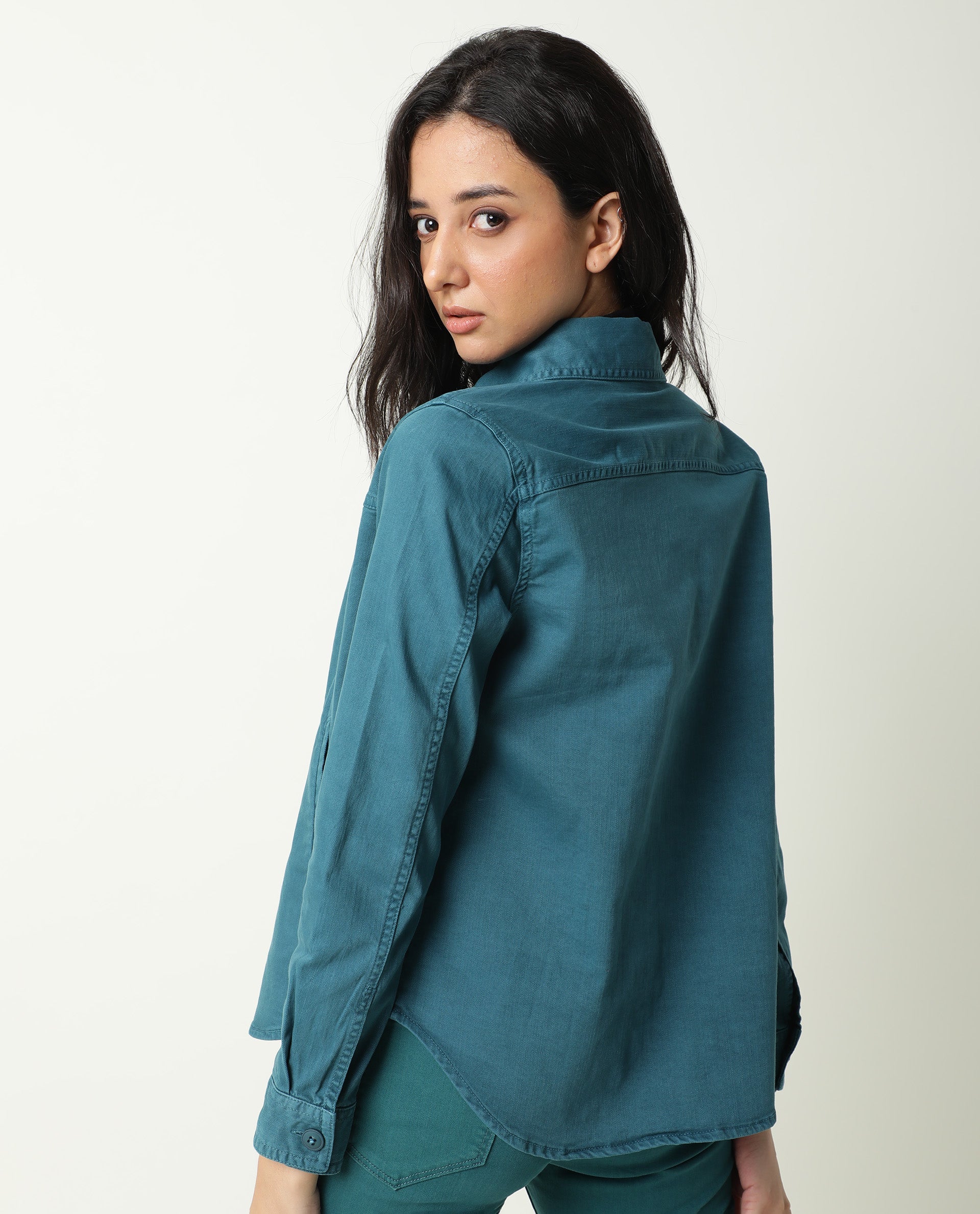 Rareism Women's Mission Petrol Cotton Blend Spread Collar Plain Regular Fit Jacket - Image 9