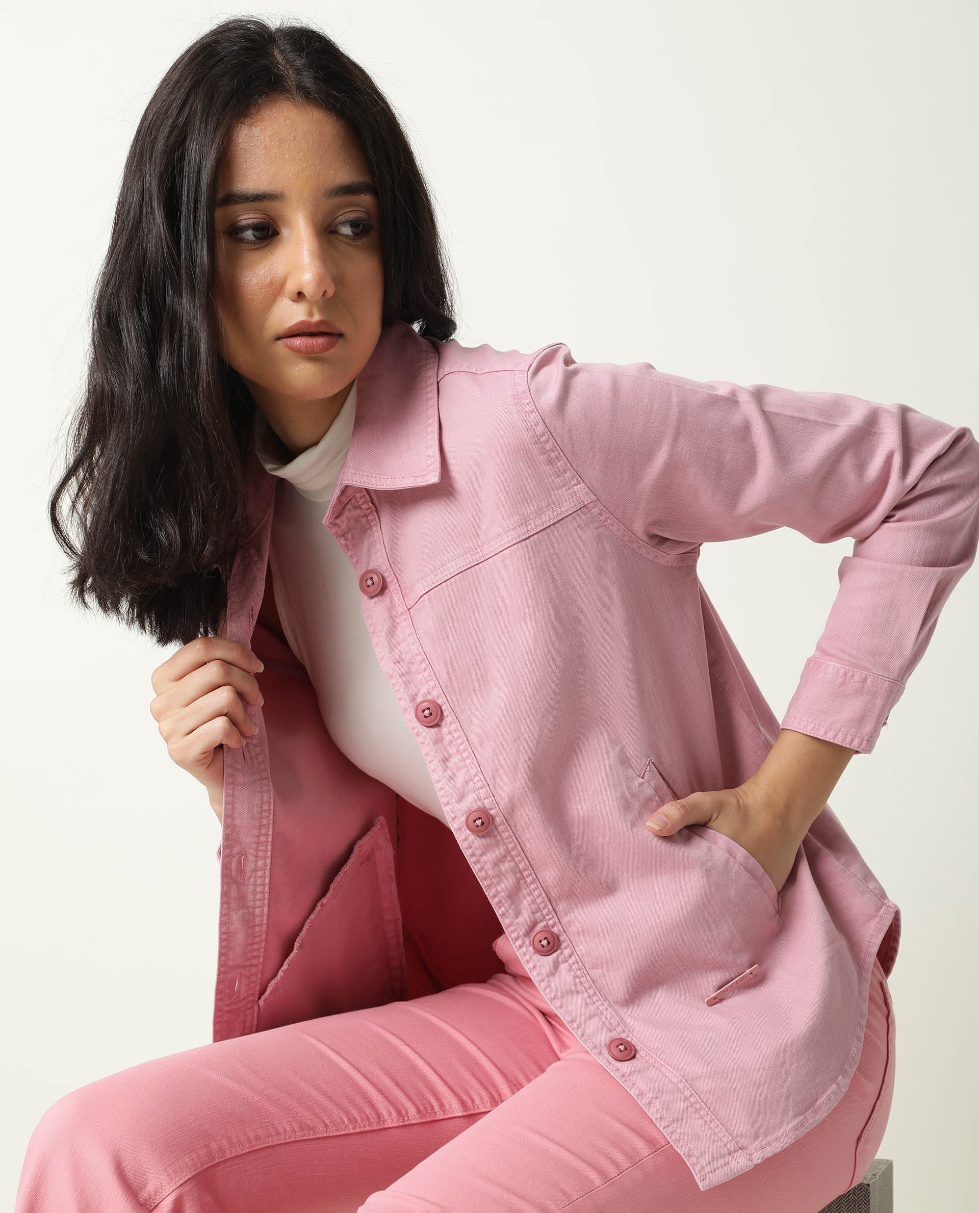 Rareism Women's Mission Pink Cotton Blend Spread Collar Plain Regular Fit Jacket