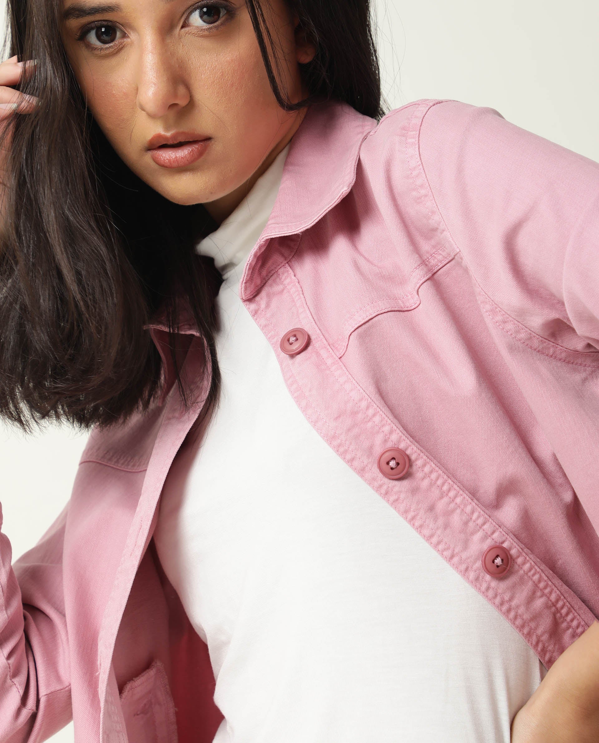 Rareism Women's Mission Pink Cotton Blend Spread Collar Plain Regular Fit Jacket - Image 6