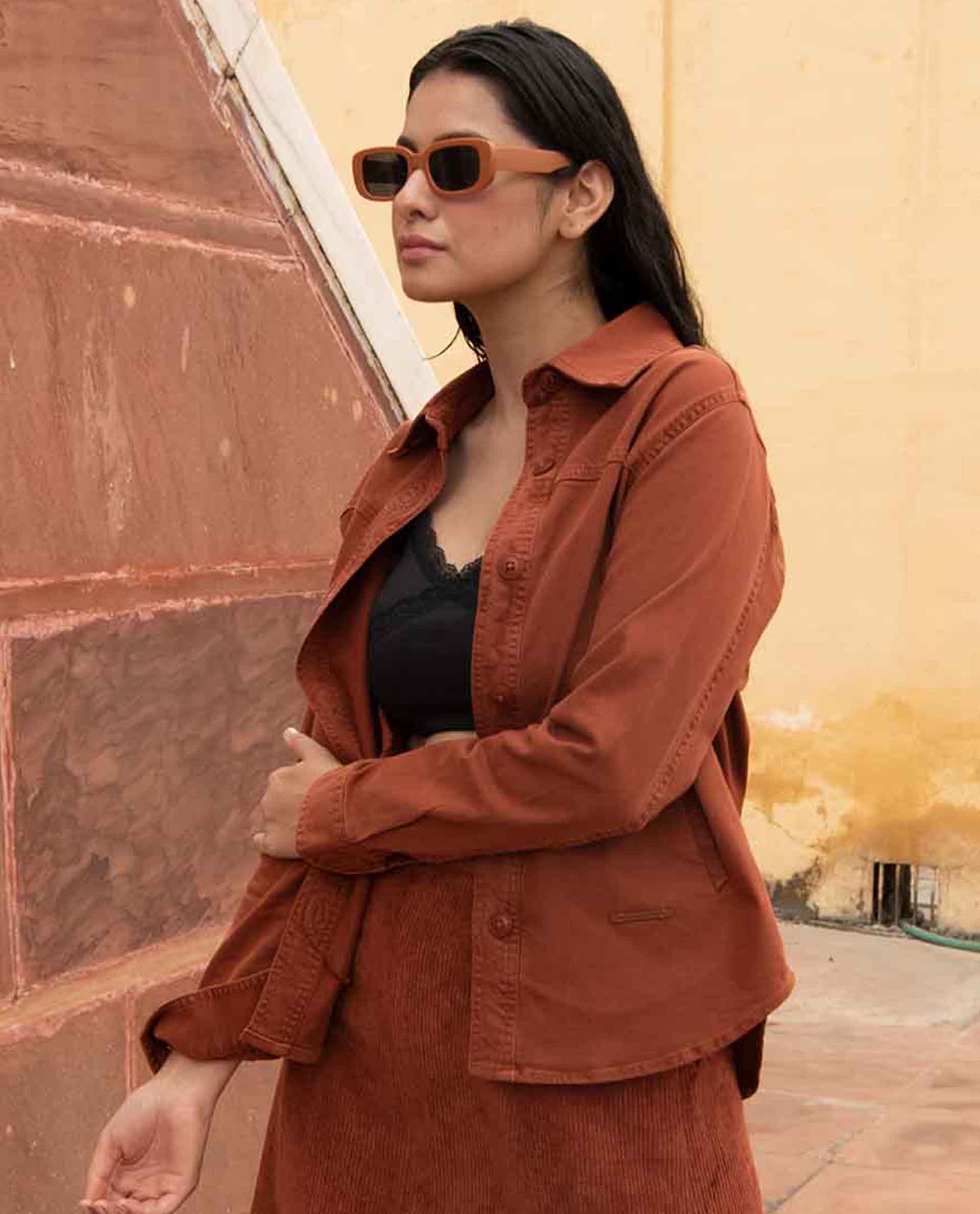 Rareism Women's Mission Rust Cotton Blend Spread Collar Plain Regular Fit Jacket