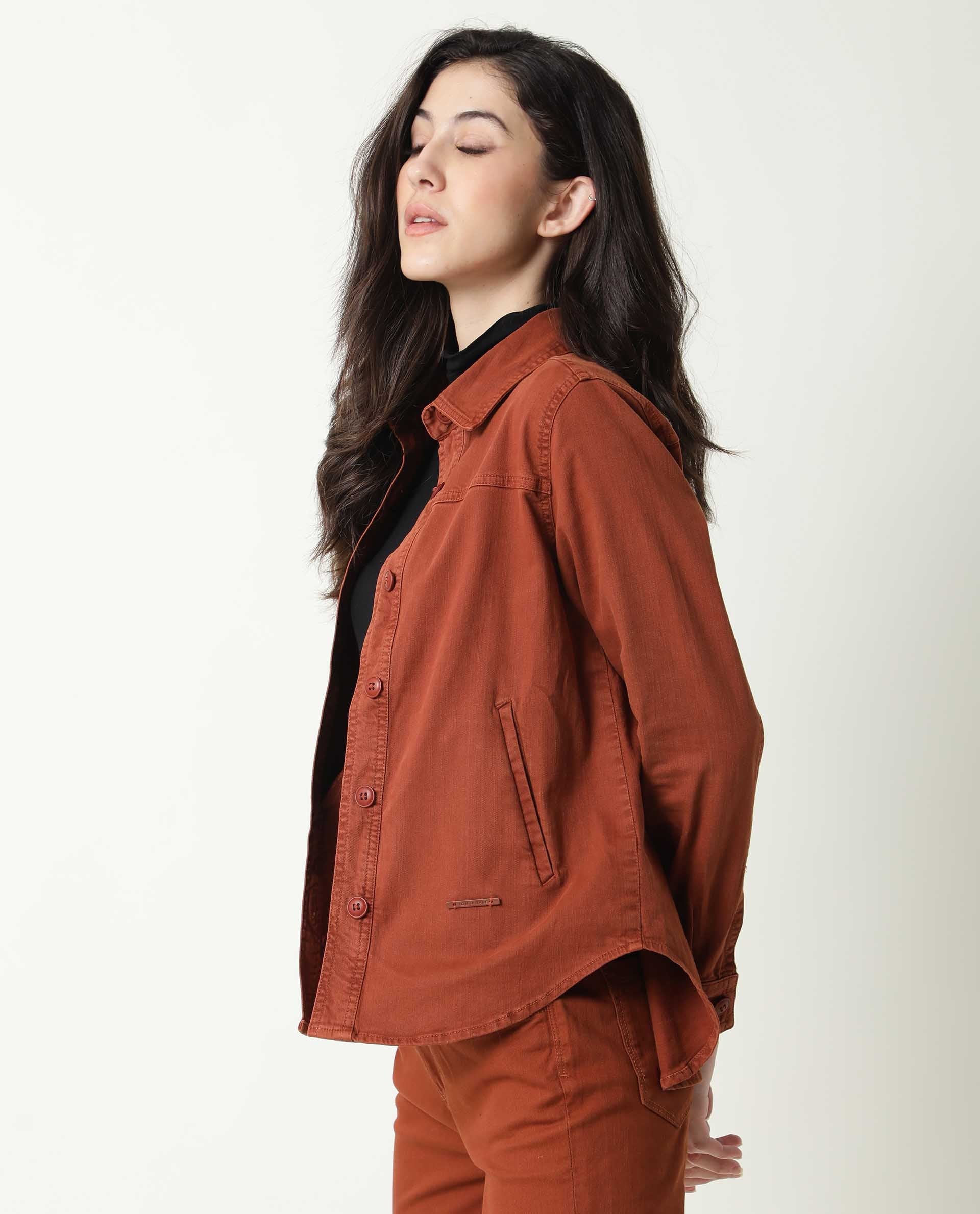 Rareism Women's Mission Rust Cotton Blend Spread Collar Plain Regular Fit Jacket - Image 10