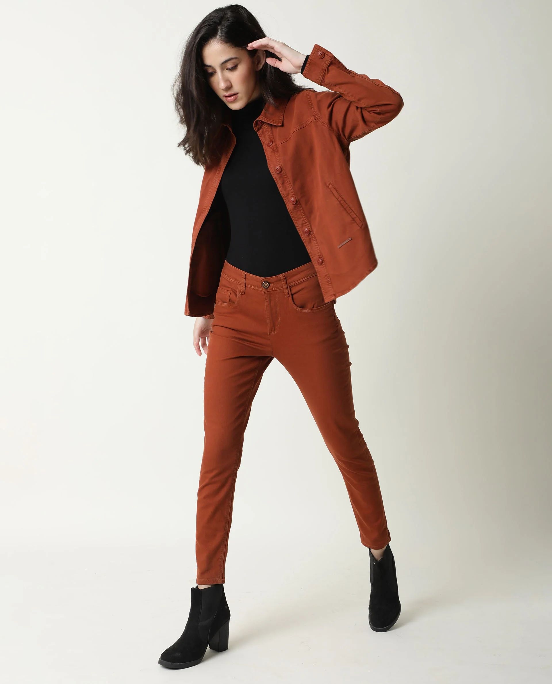 Rareism Women's Mission Rust Cotton Blend Spread Collar Plain Regular Fit Jacket - Image 2