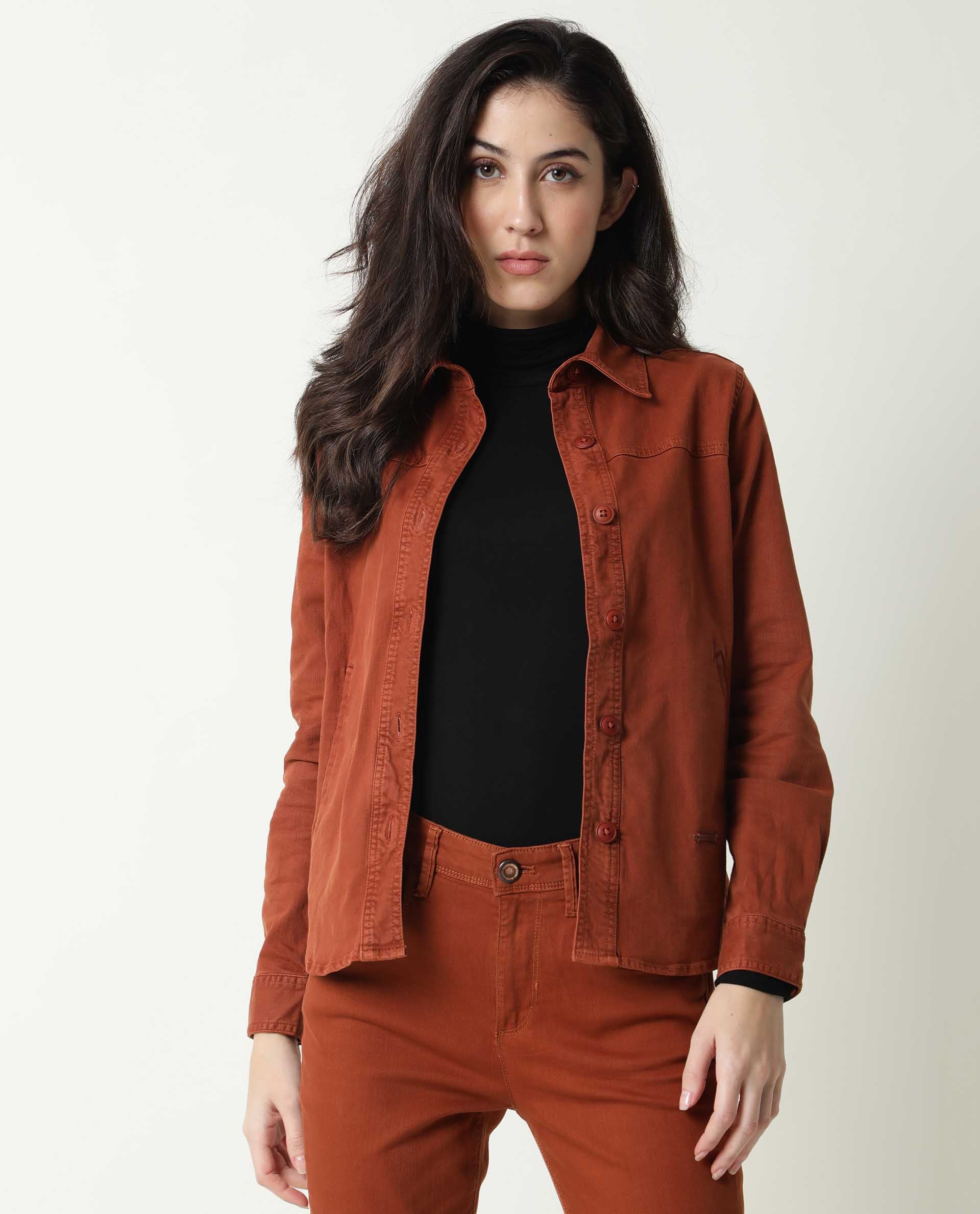 Rareism Women's Mission Rust Cotton Blend Spread Collar Plain Regular Fit Jacket - Image 4