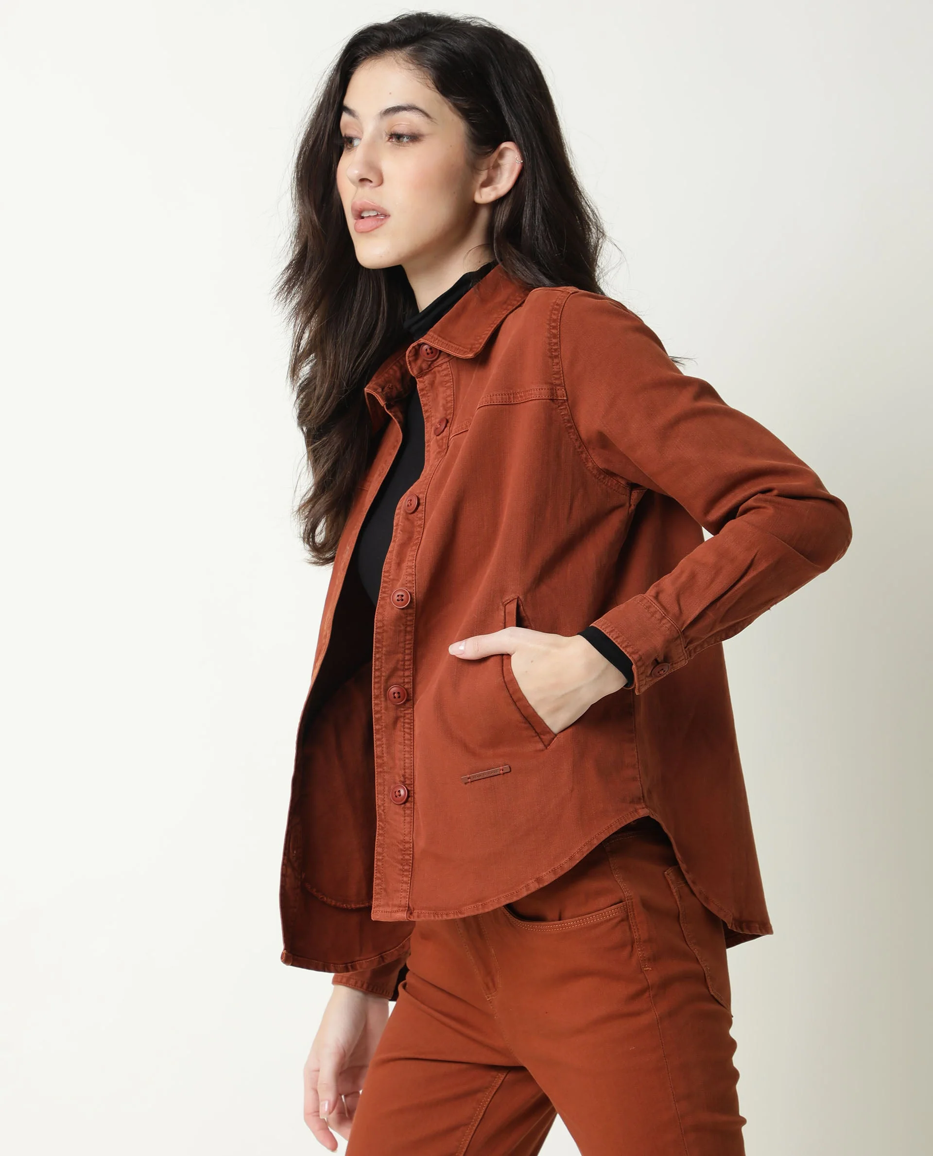 Rareism Women's Mission Rust Cotton Blend Spread Collar Plain Regular Fit Jacket - Image 5