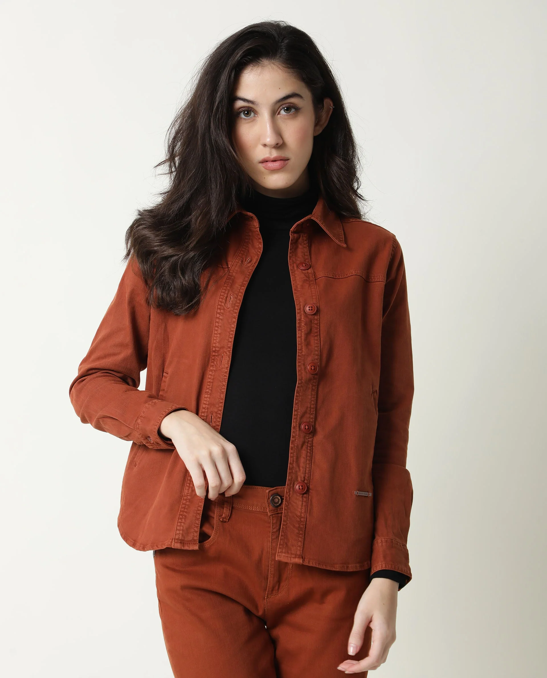 Rareism Women's Mission Rust Cotton Blend Spread Collar Plain Regular Fit Jacket - Image 6