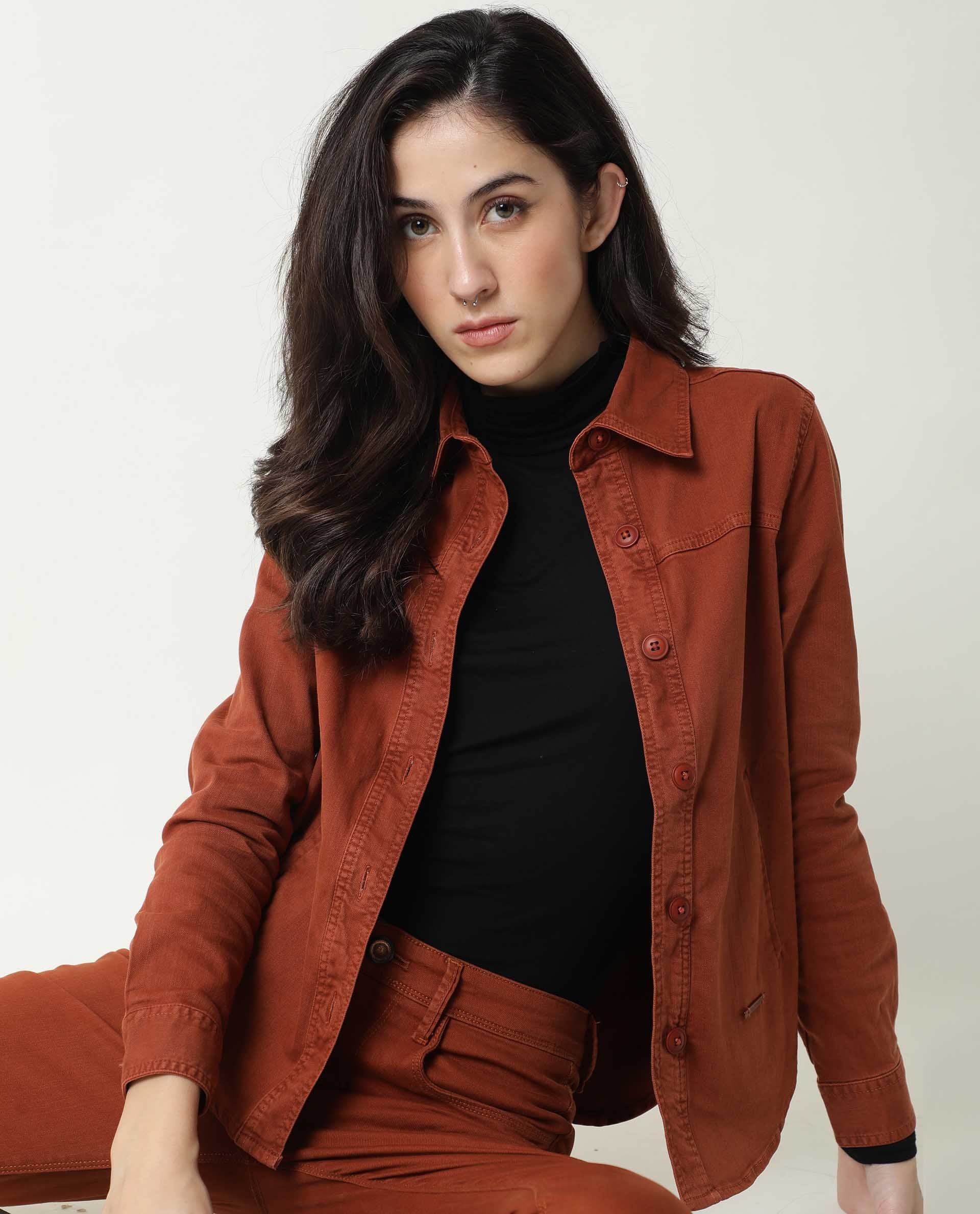Rareism Women's Mission Rust Cotton Blend Spread Collar Plain Regular Fit Jacket - Image 8