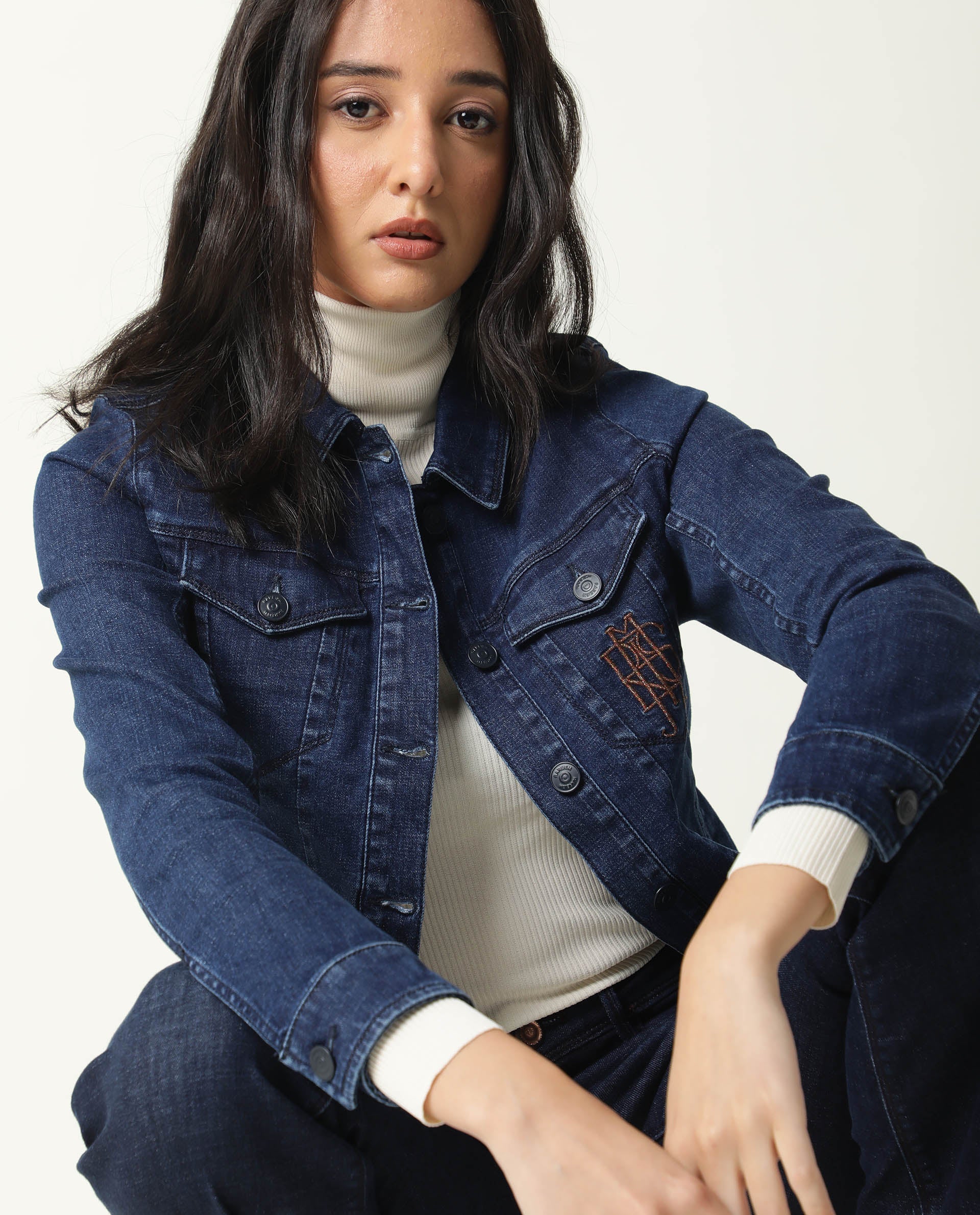 Rareism Women's Misso Dark Blue Cotton Blend Spread Collar Plain Regular Fit Jacket