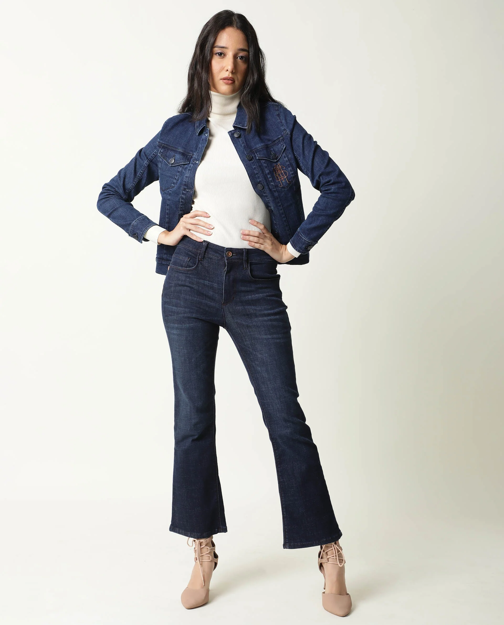 Rareism Women's Misso Dark Blue Cotton Blend Spread Collar Plain Regular Fit Jacket - Image 2