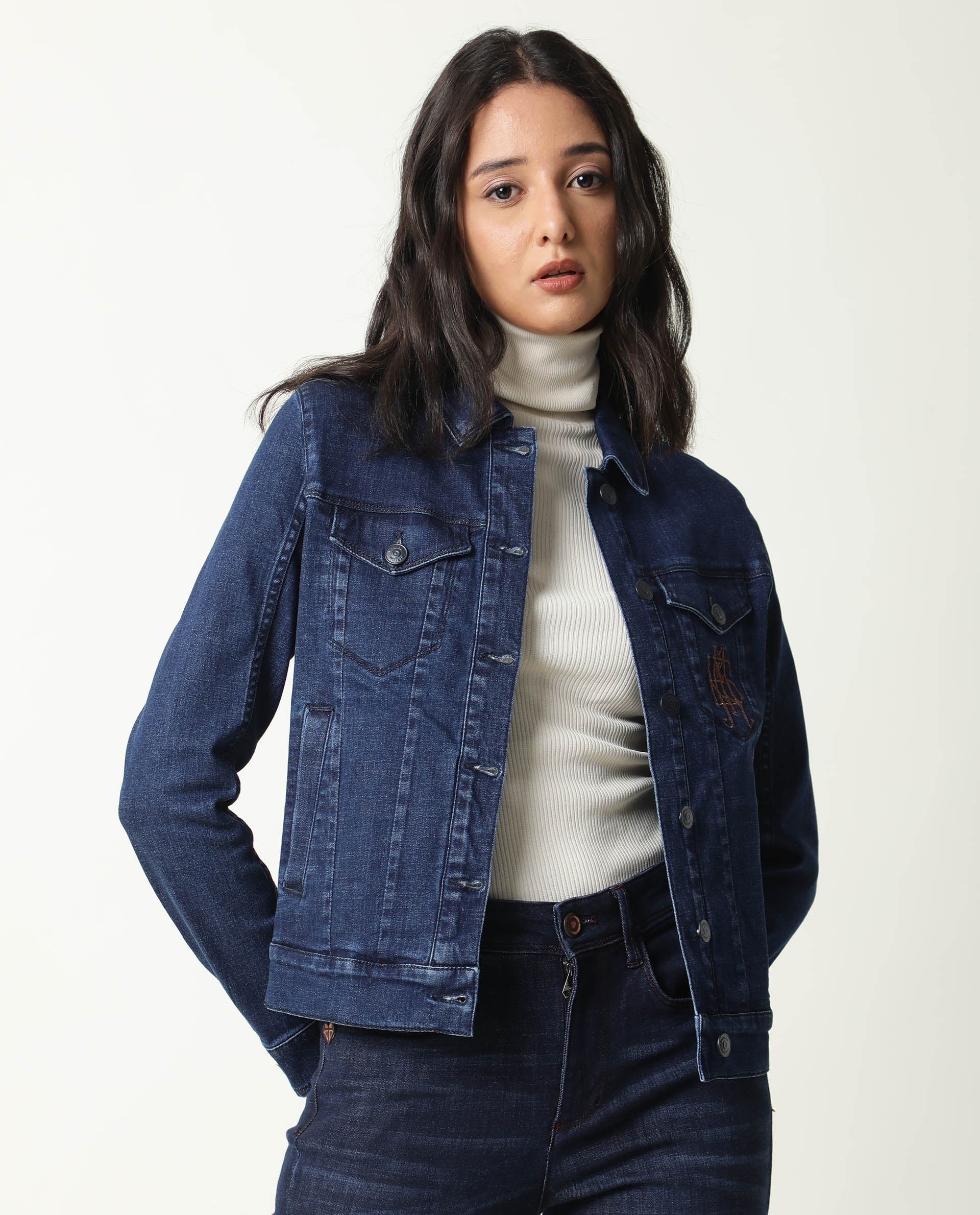 Rareism Women's Misso Dark Blue Cotton Blend Spread Collar Plain Regular Fit Jacket - Image 4