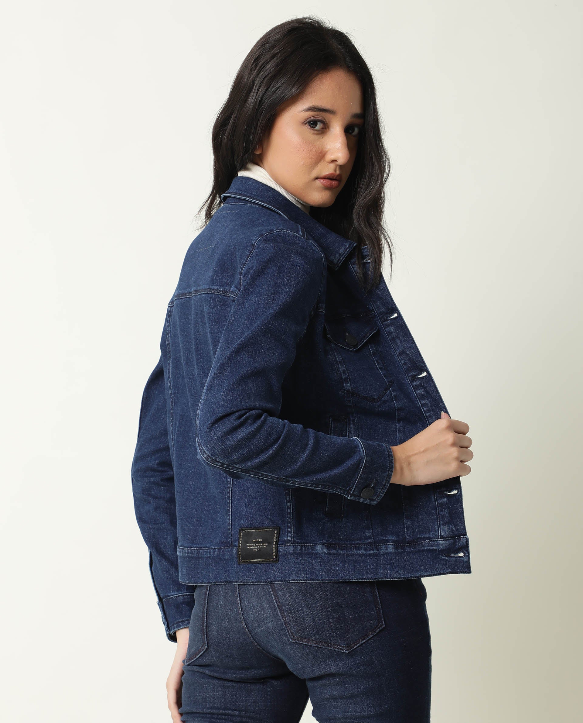 Rareism Women's Misso Dark Blue Cotton Blend Spread Collar Plain Regular Fit Jacket - Image 5