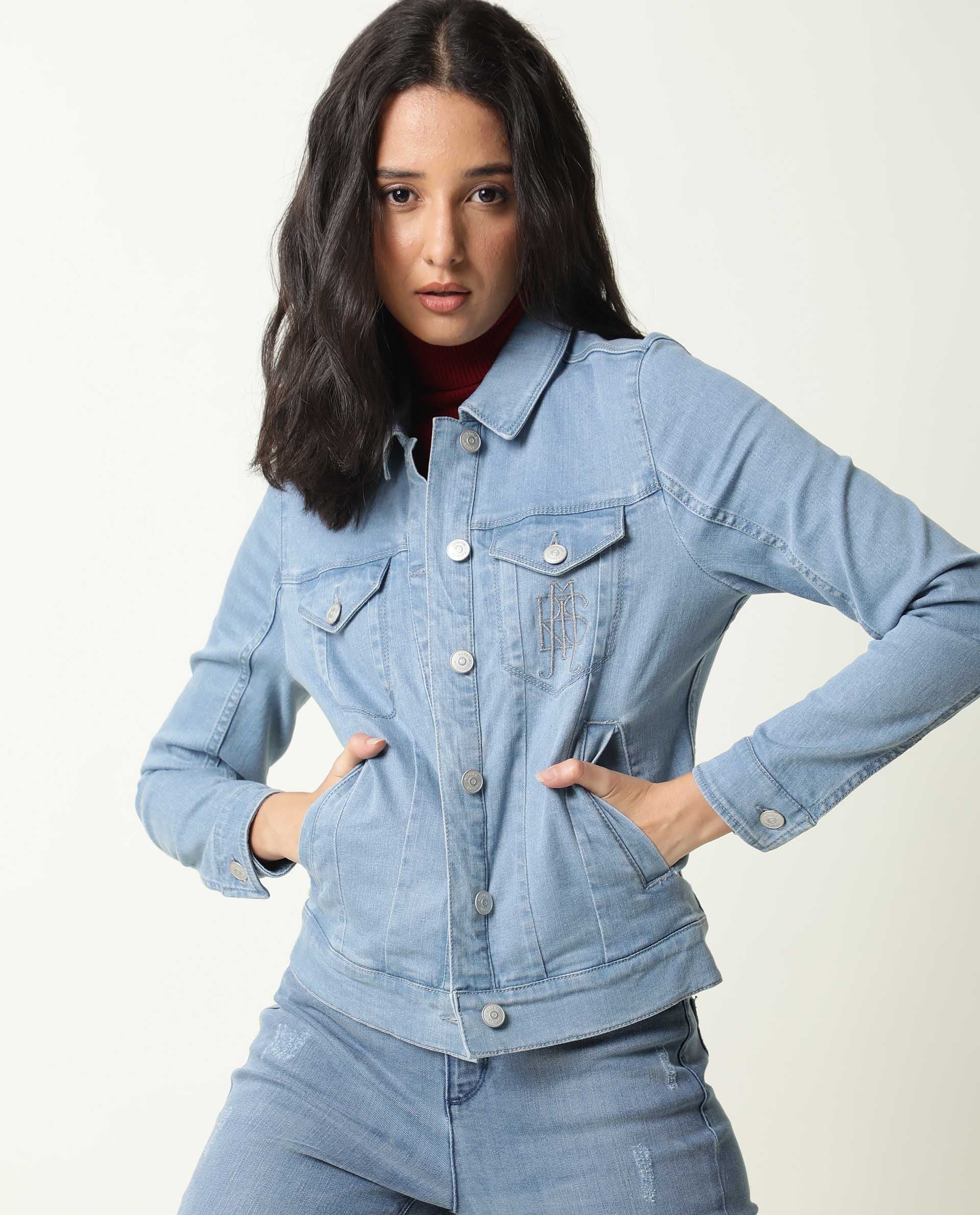 Rareism Women's Misso Light Blue Cotton Blend Spread Collar Plain Regular Fit Jacket