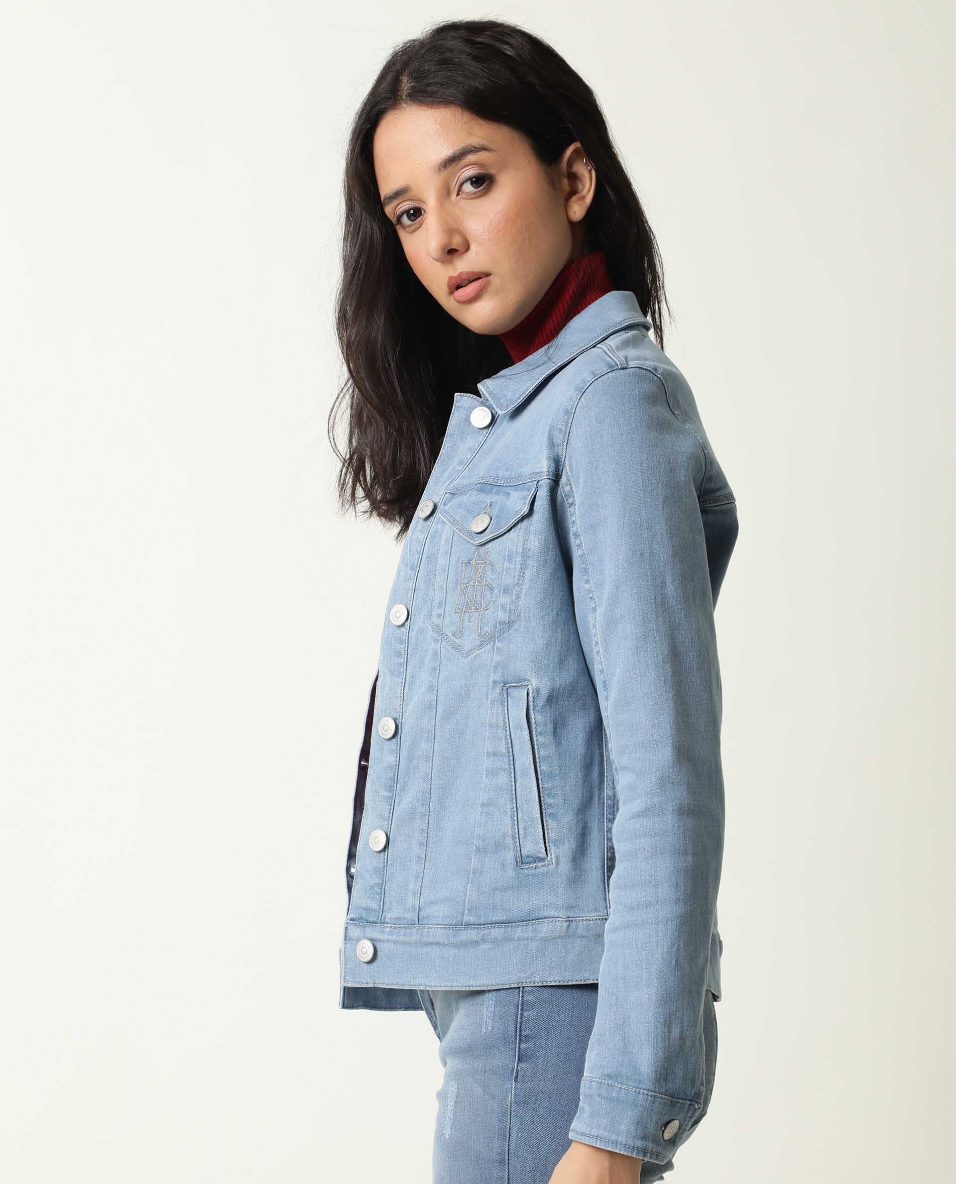 Rareism Women's Misso Light Blue Cotton Blend Spread Collar Plain Regular Fit Jacket - Image 5