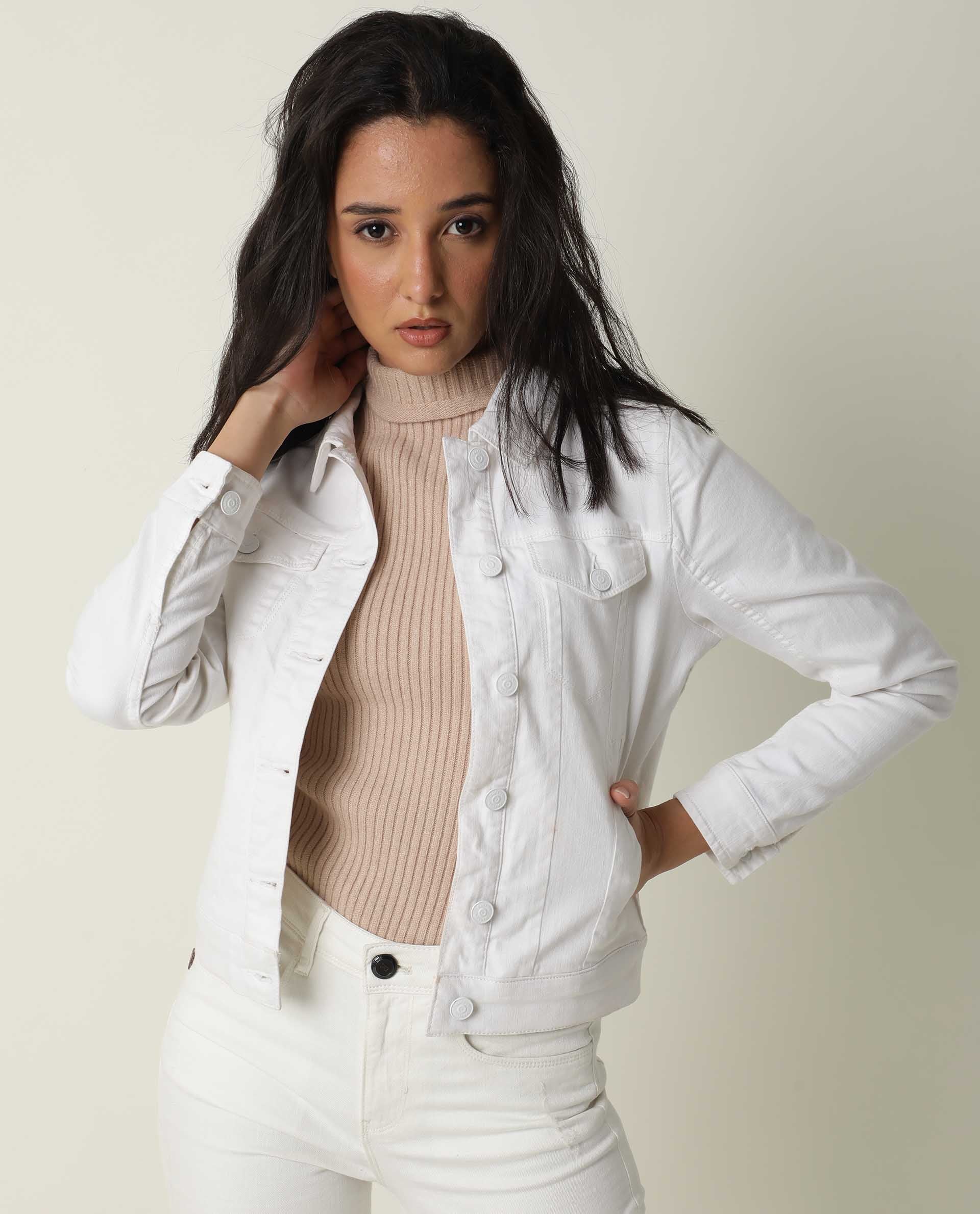Rareism Women's Misso White Cotton Blend Spread Collar Plain Regular Fit Jacket