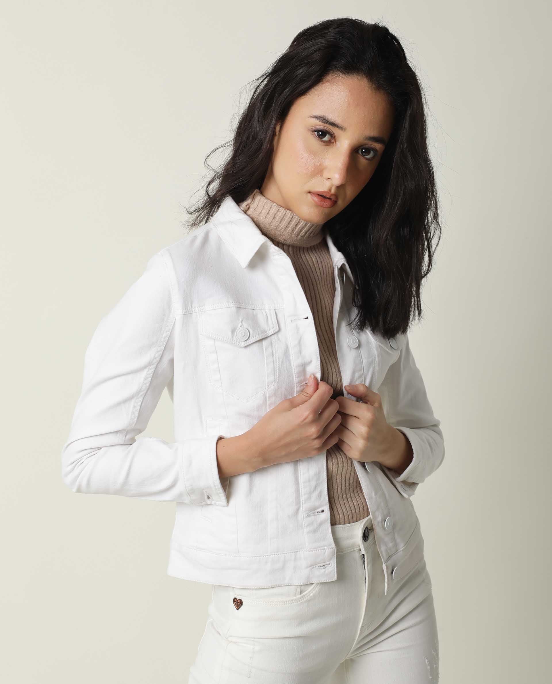 Rareism Women's Misso White Cotton Blend Spread Collar Plain Regular Fit Jacket - Image 5