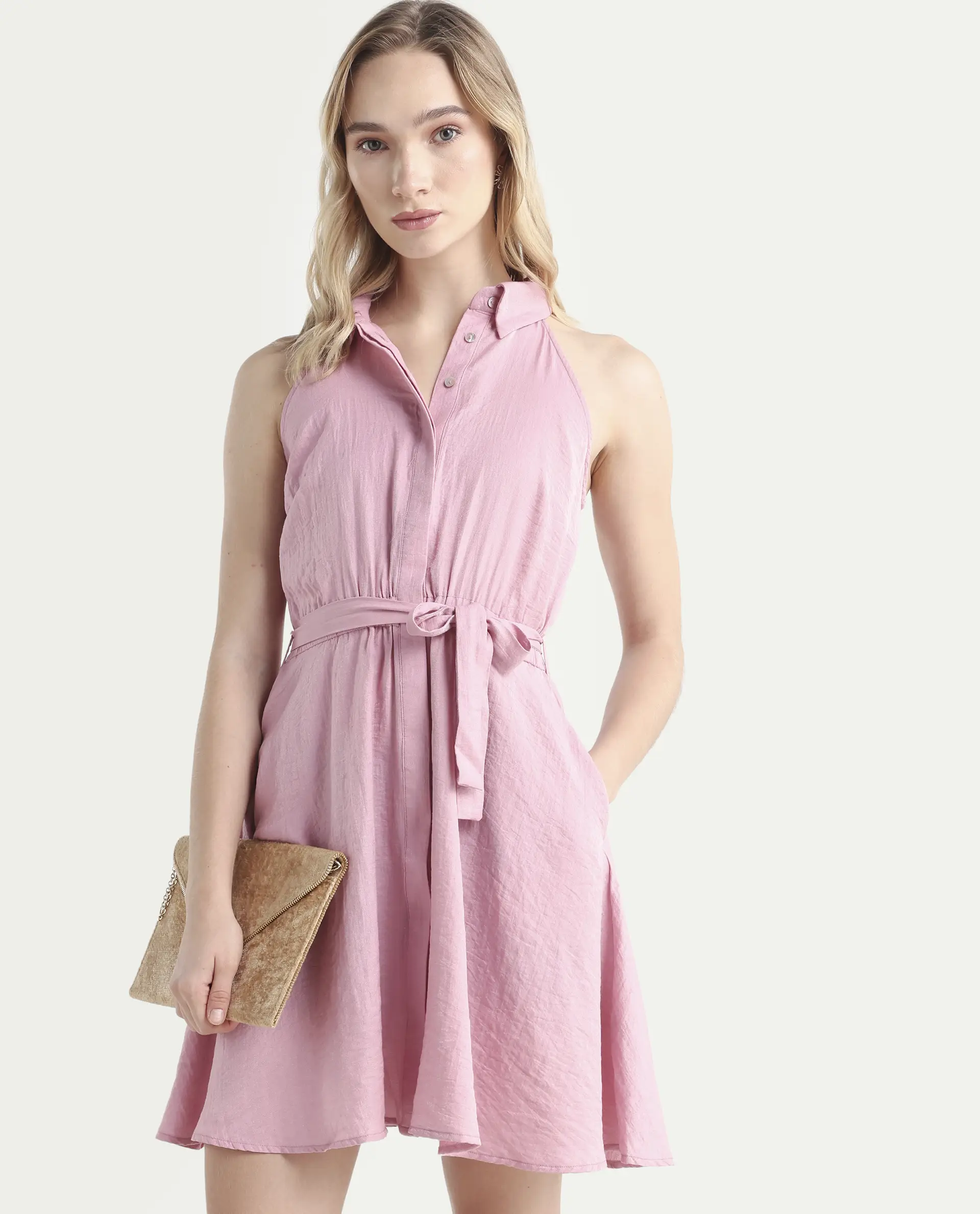 Rareism Women's Mistletoe Pink Rayon Blend Spread Collar Plain Sleeveless Knee Length Regular Fit Dress