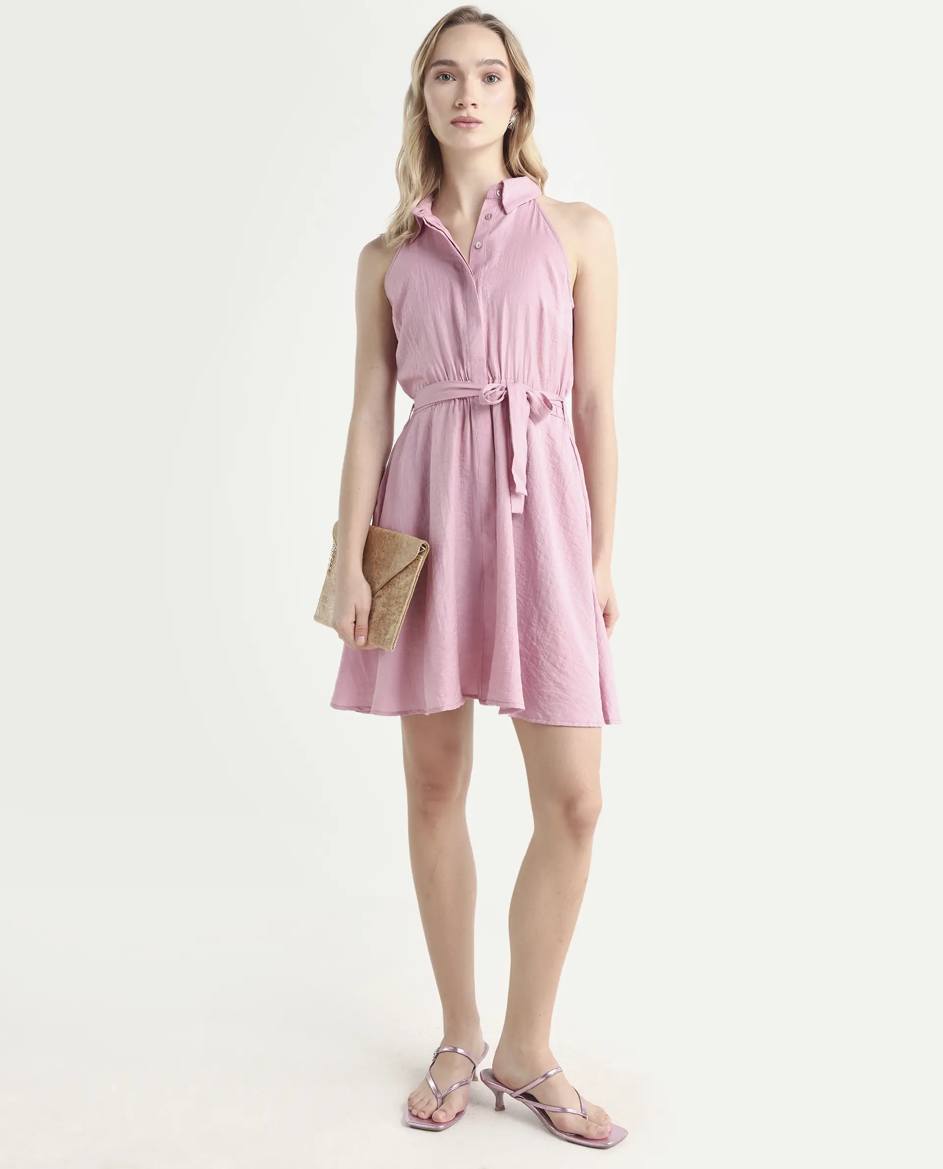 Rareism Women's Mistletoe Pink Rayon Blend Spread Collar Plain Sleeveless Knee Length Regular Fit Dress - Image 2