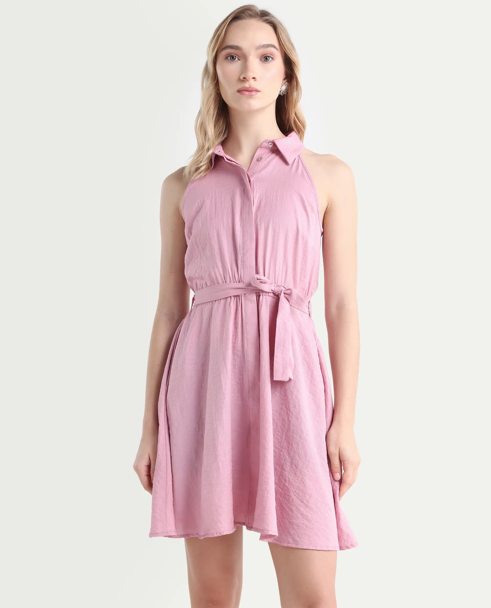Rareism Women's Mistletoe Pink Rayon Blend Spread Collar Plain Sleeveless Knee Length Regular Fit Dress - Image 3