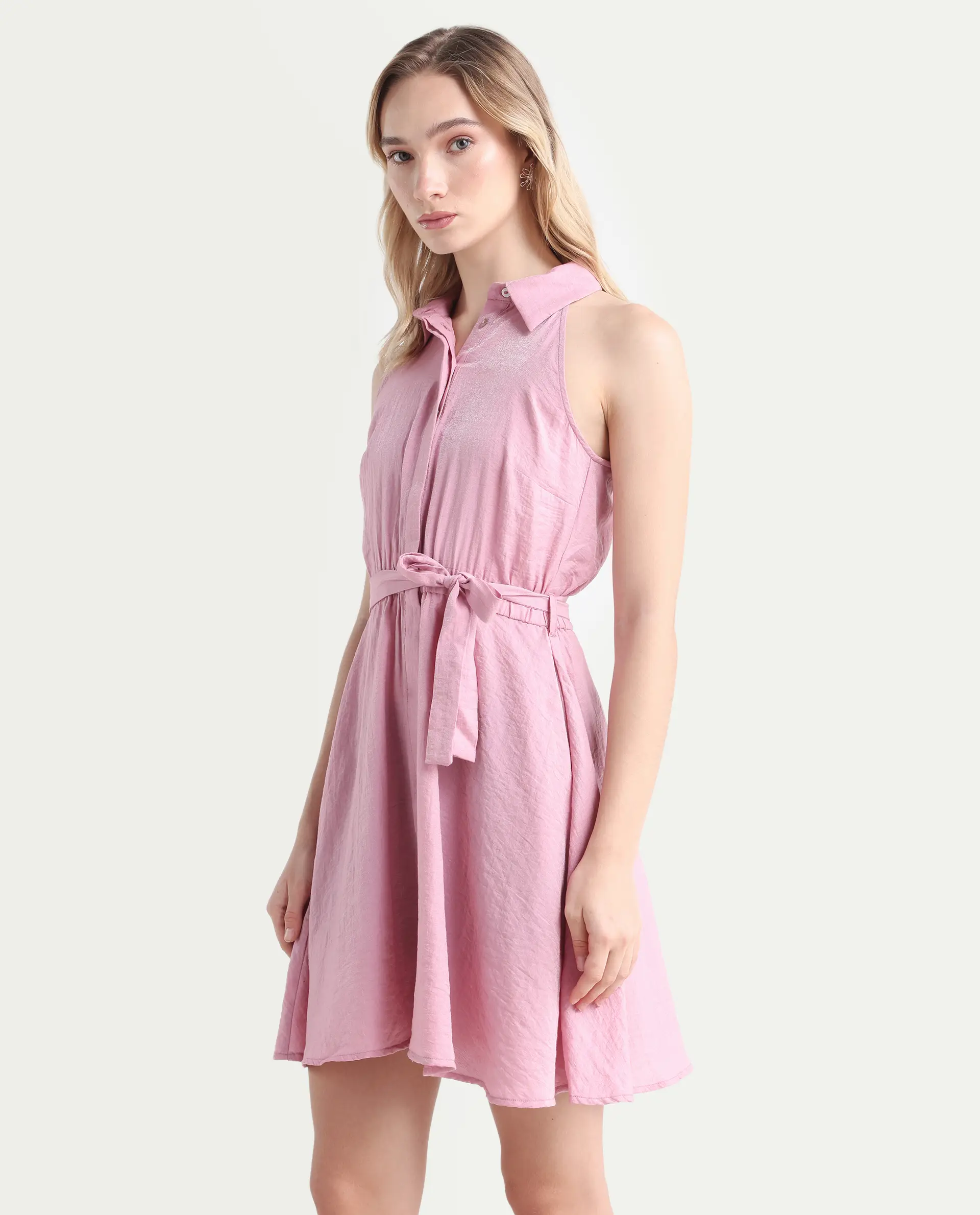 Rareism Women's Mistletoe Pink Rayon Blend Spread Collar Plain Sleeveless Knee Length Regular Fit Dress - Image 5
