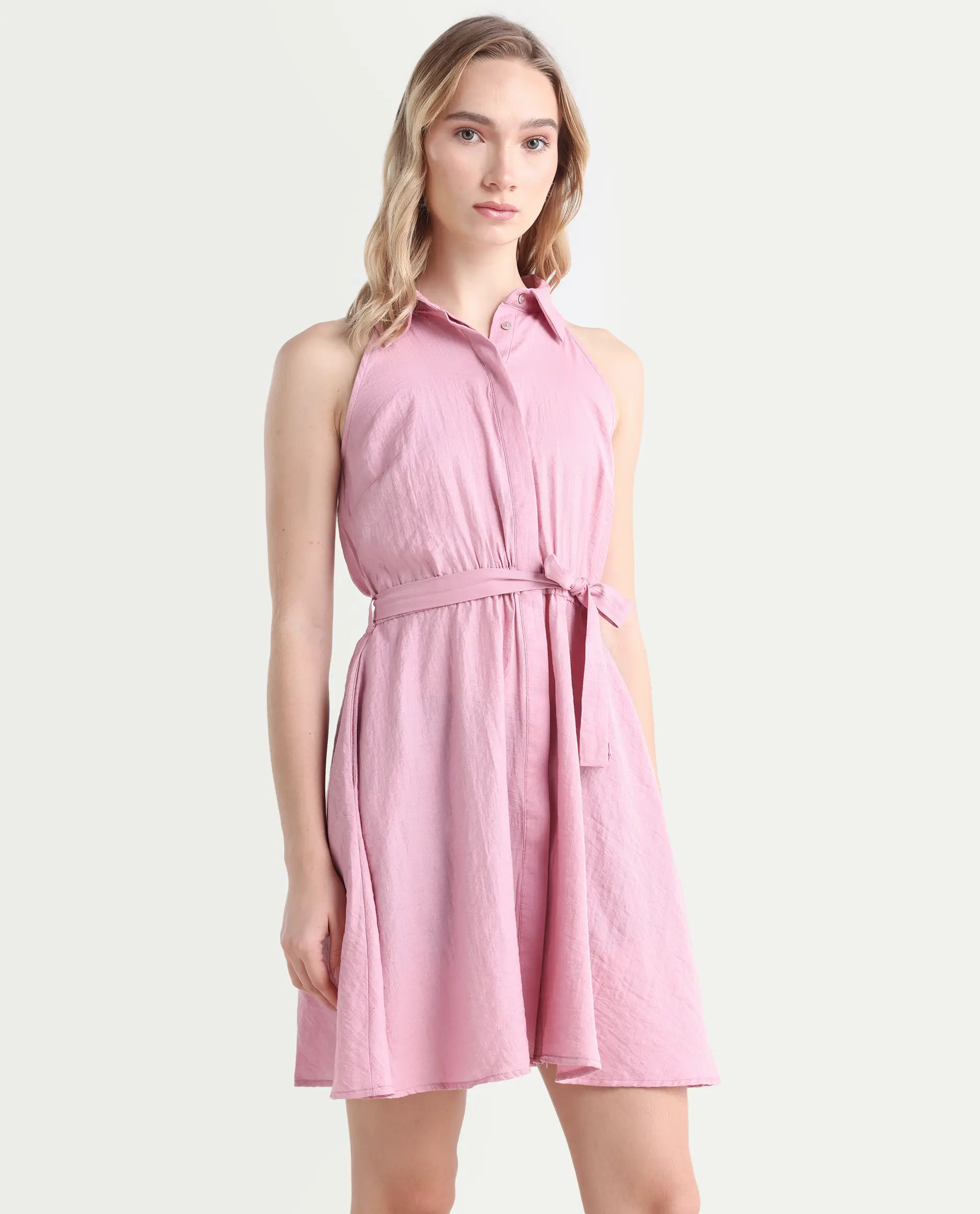 Rareism Women's Mistletoe Pink Rayon Blend Spread Collar Plain Sleeveless Knee Length Regular Fit Dress - Image 6