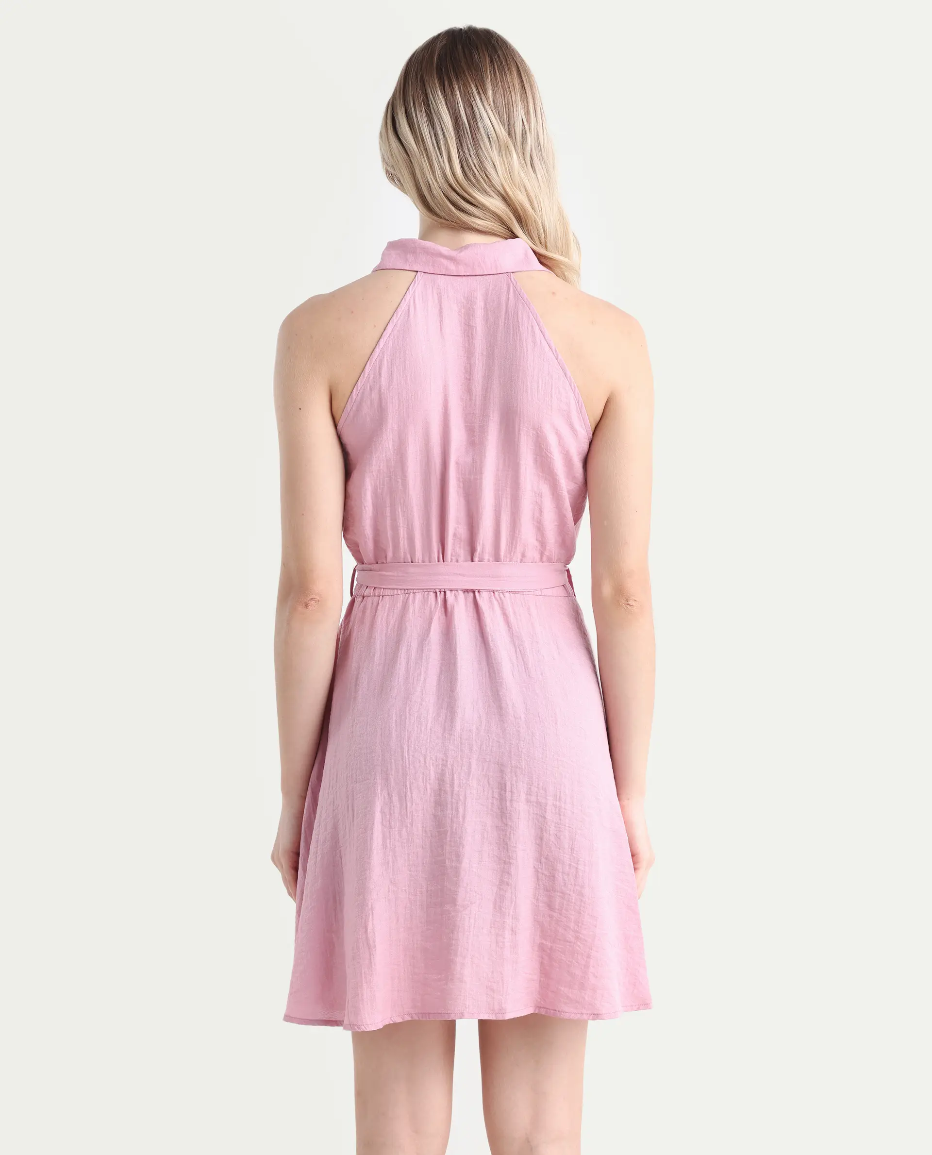 Rareism Women's Mistletoe Pink Rayon Blend Spread Collar Plain Sleeveless Knee Length Regular Fit Dress - Image 7