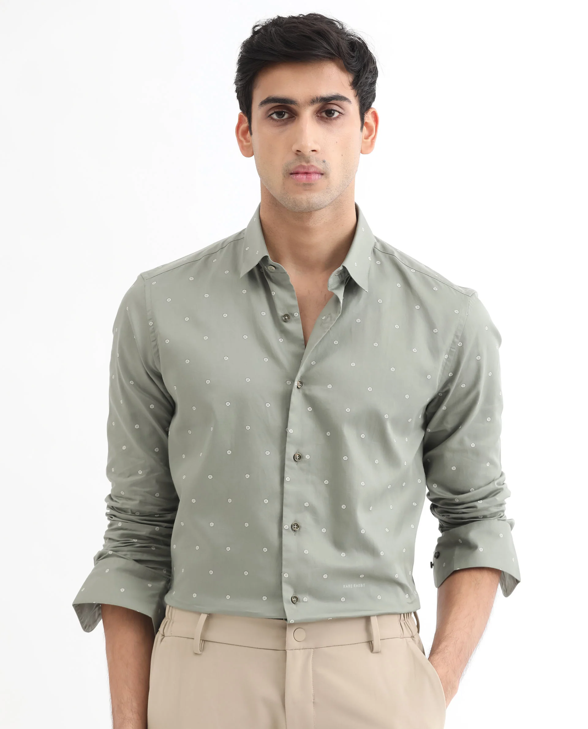 Rare Rabbit Men's Mita Green Cotton Floral Print Regular Fit Full Sleeve Collared Shirt