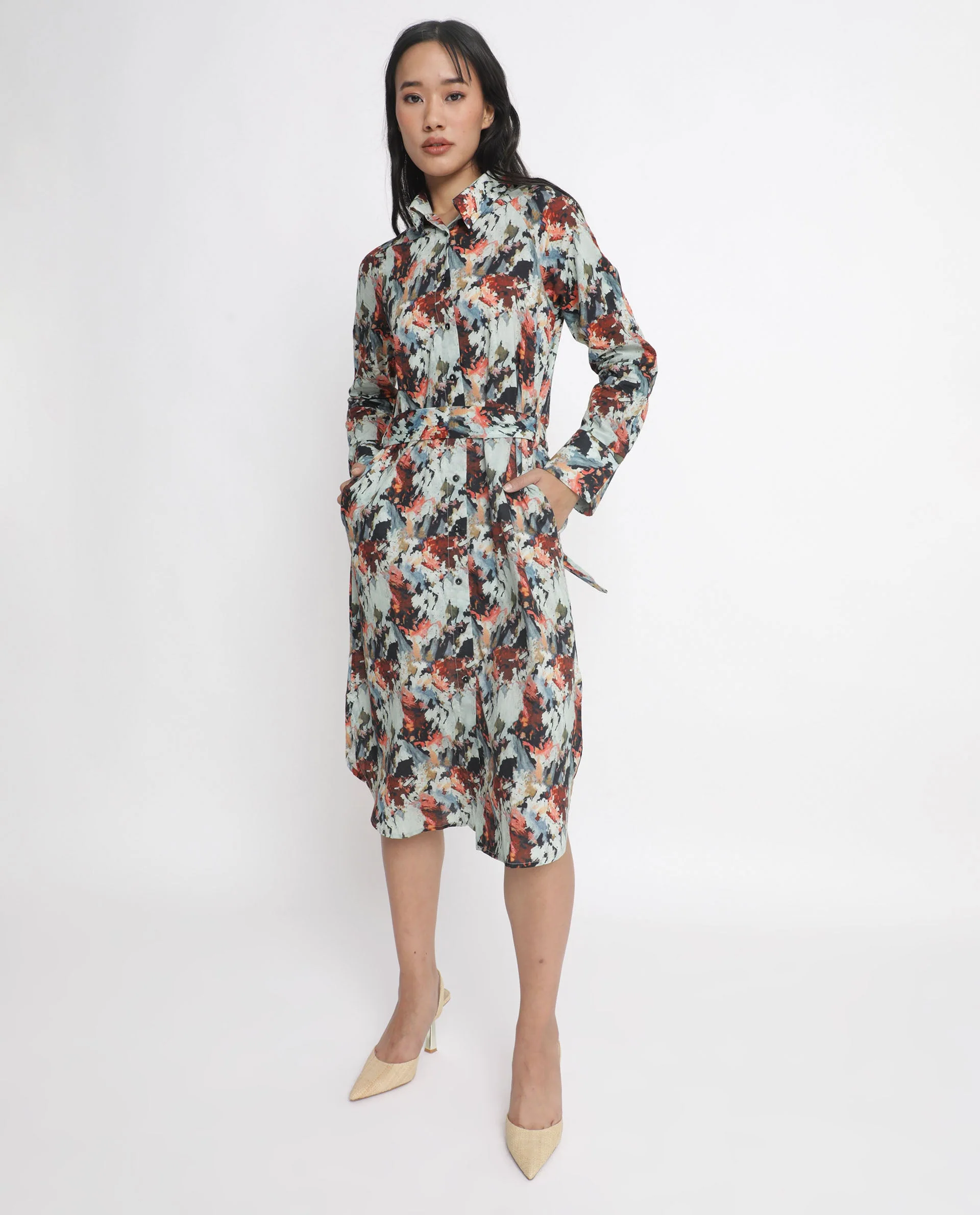 Rareism Women's Mitchell Multi Cotton Spread Collar Abstract Print Knee Length Regular Fit Dress - Image 2