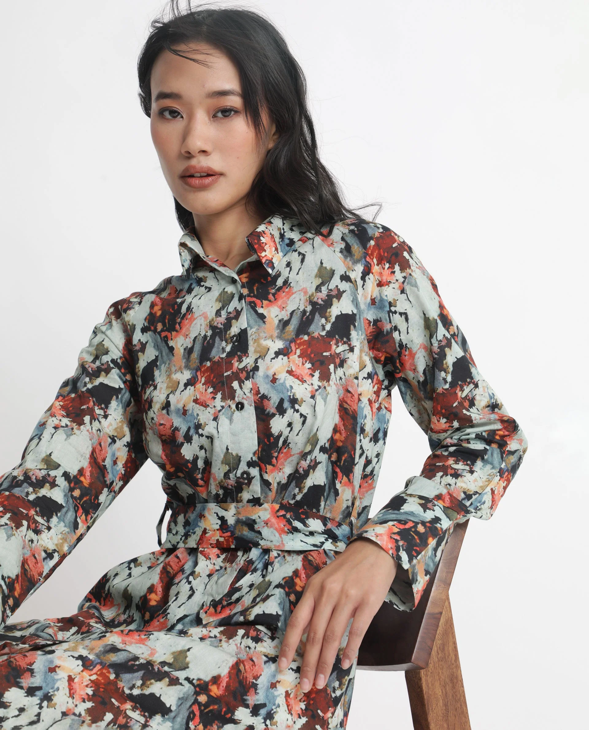Rareism Women's Mitchell Multi Cotton Spread Collar Abstract Print Knee Length Regular Fit Dress - Image 3