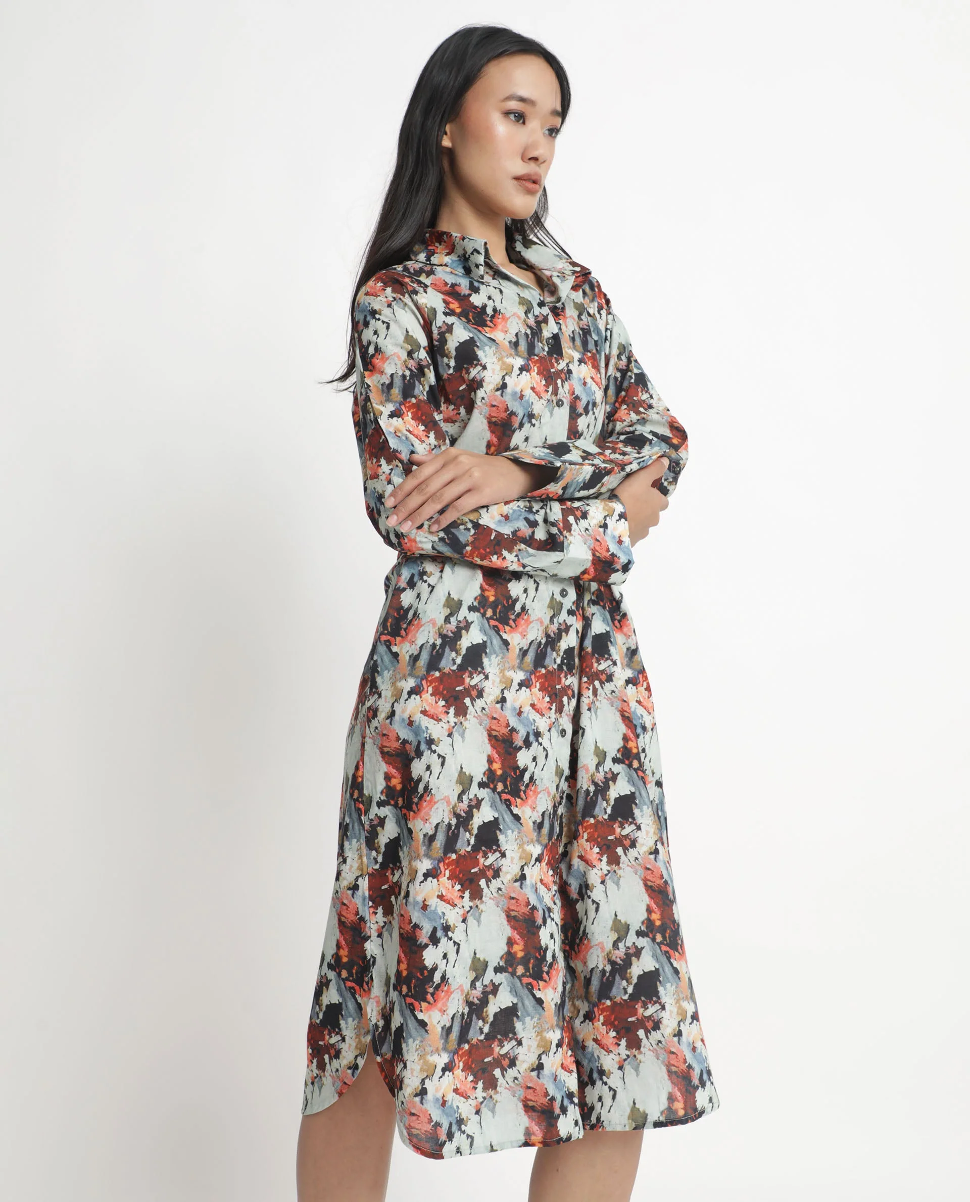 Rareism Women's Mitchell Multi Cotton Spread Collar Abstract Print Knee Length Regular Fit Dress - Image 5