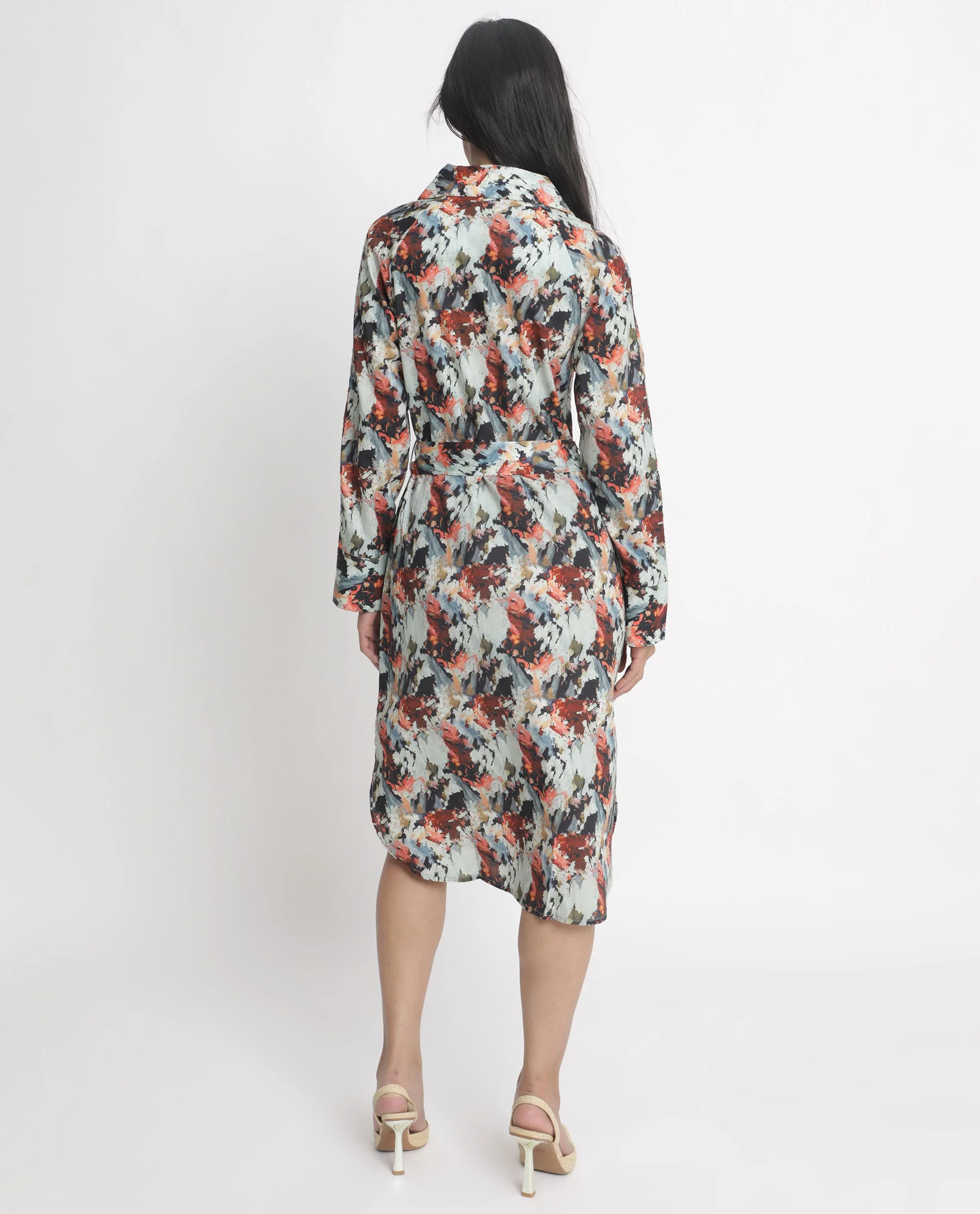 Rareism Women's Mitchell Multi Cotton Spread Collar Abstract Print Knee Length Regular Fit Dress - Image 8