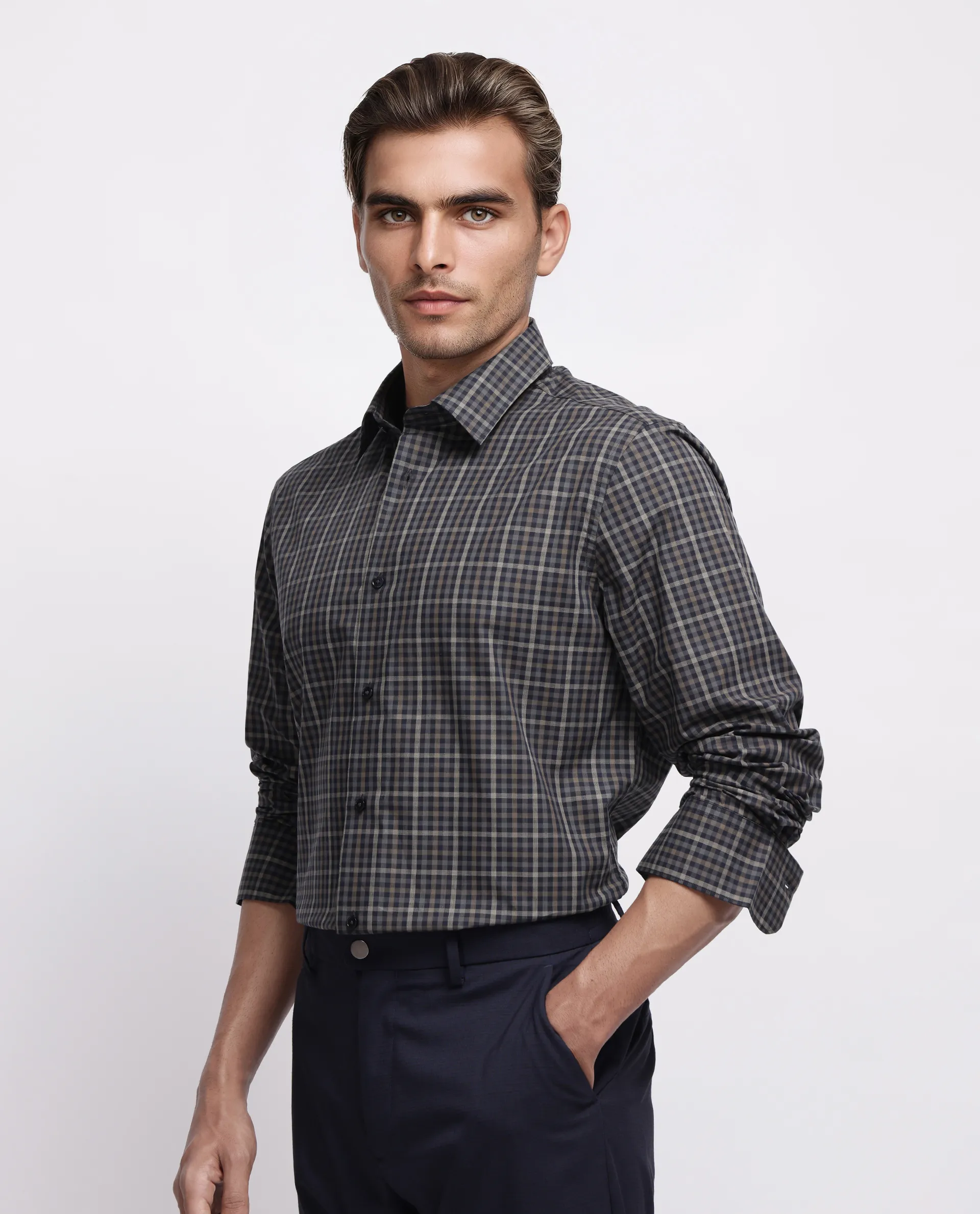 Rare Rabbit Men's Mito-1 Black Cotton Checked Print Regular Fit Full Sleeve Collared Shirt - Image 2