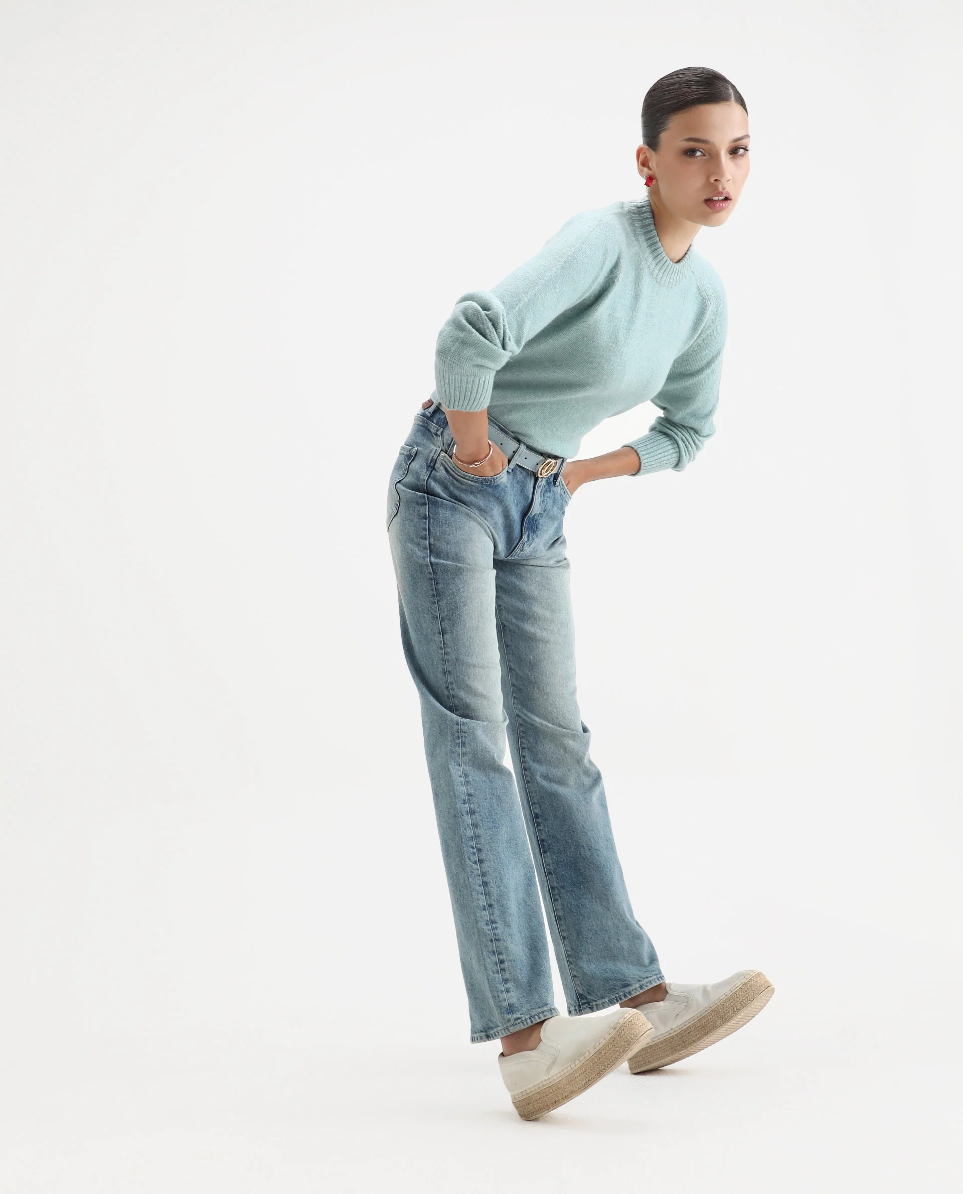 Rareism Women's Mitsu Light Blue Acrylic Blend Crew Neck Relaxed Fit Sweater - Image 2