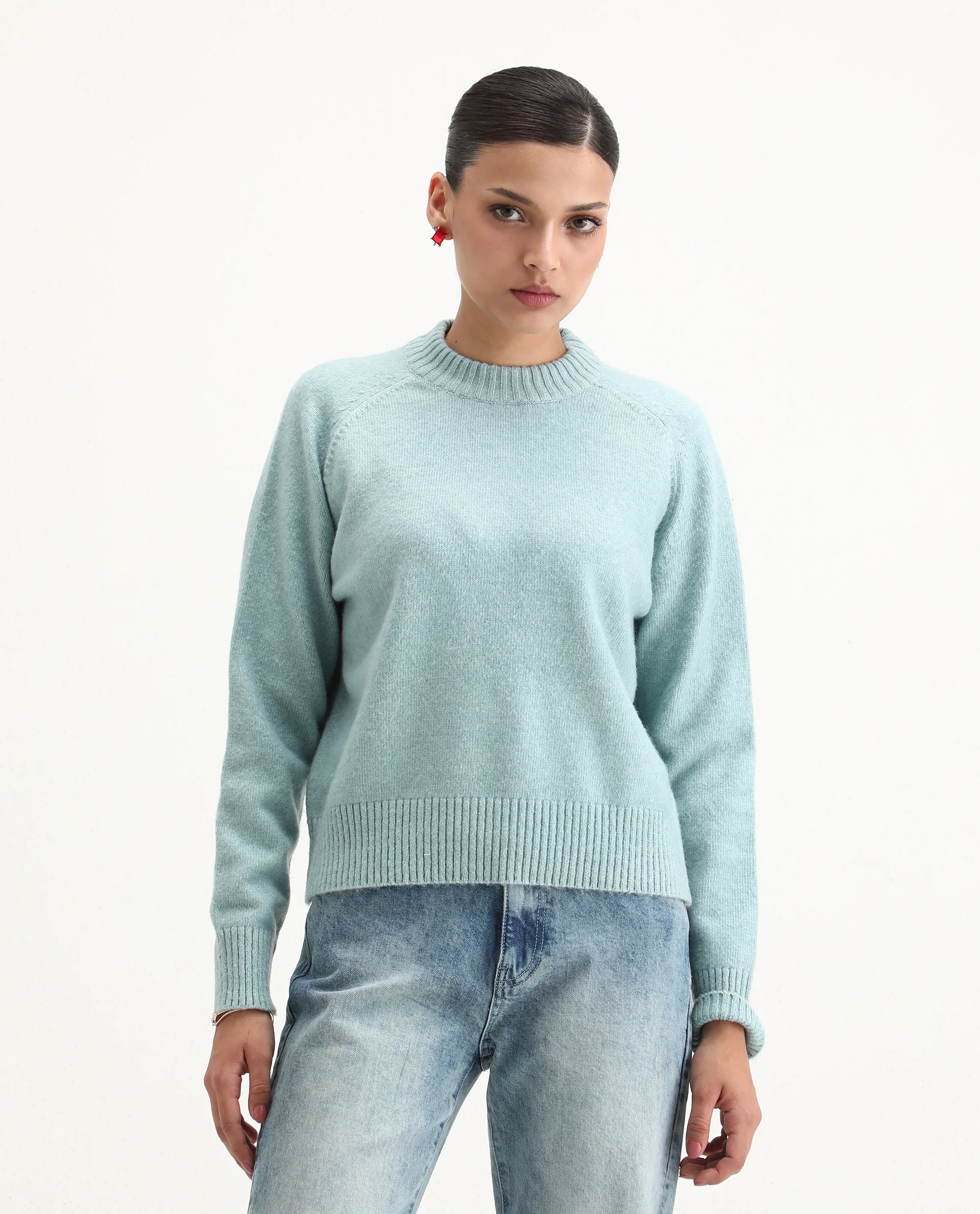 Rareism Women's Mitsu Light Blue Acrylic Blend Crew Neck Relaxed Fit Sweater - Image 3