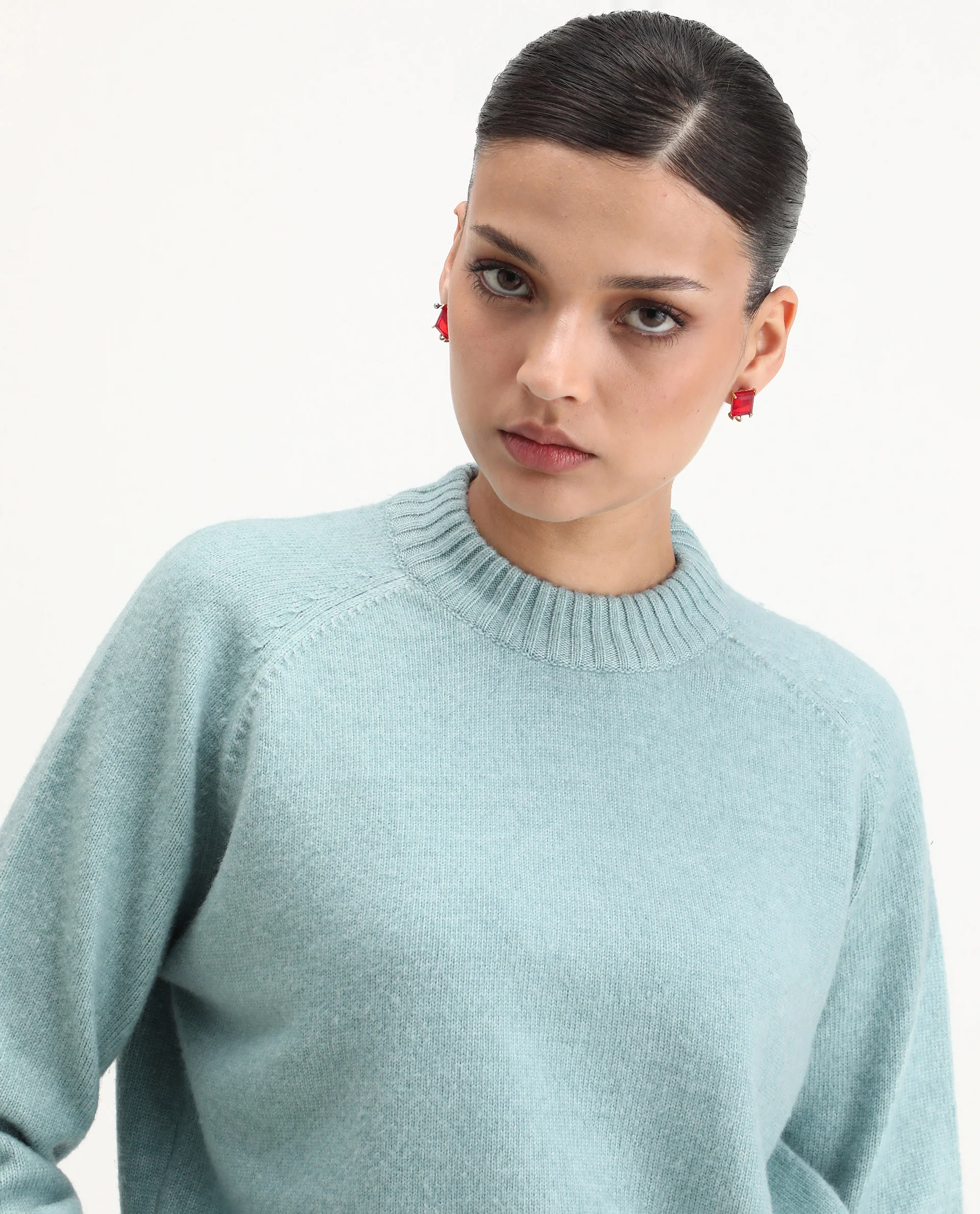 Rareism Women's Mitsu Light Blue Acrylic Blend Crew Neck Relaxed Fit Sweater - Image 4