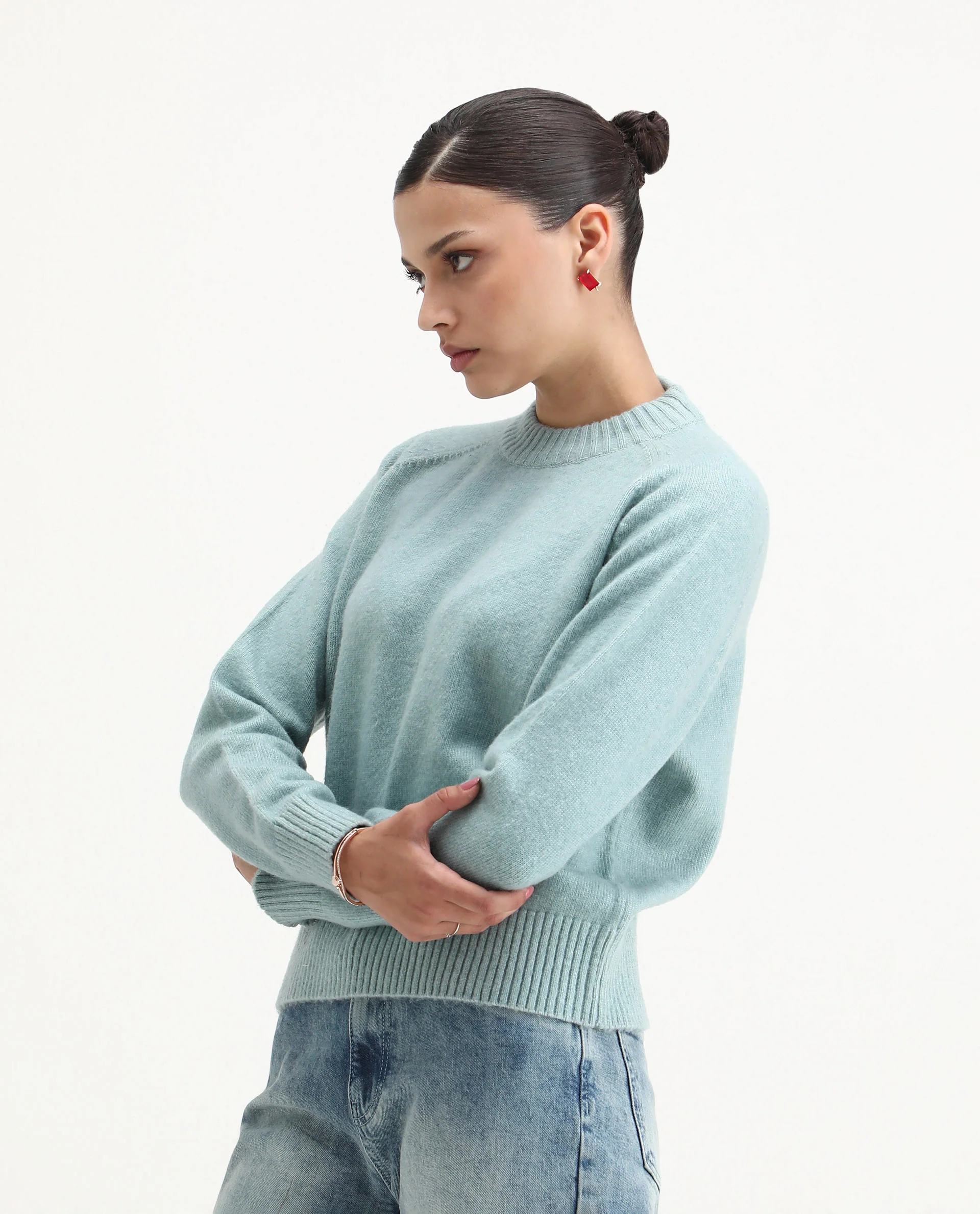 Rareism Women's Mitsu Light Blue Acrylic Blend Crew Neck Relaxed Fit Sweater - Image 6