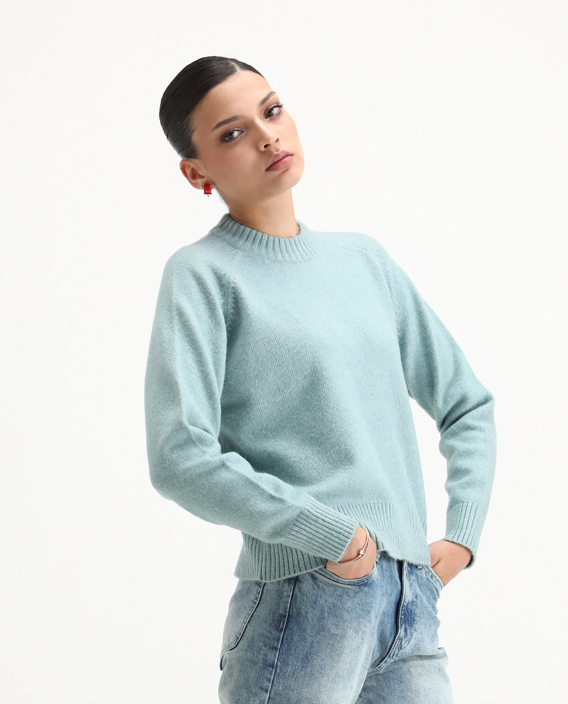 Rareism Women's Mitsu Light Blue Acrylic Blend Crew Neck Relaxed Fit Sweater - Image 7