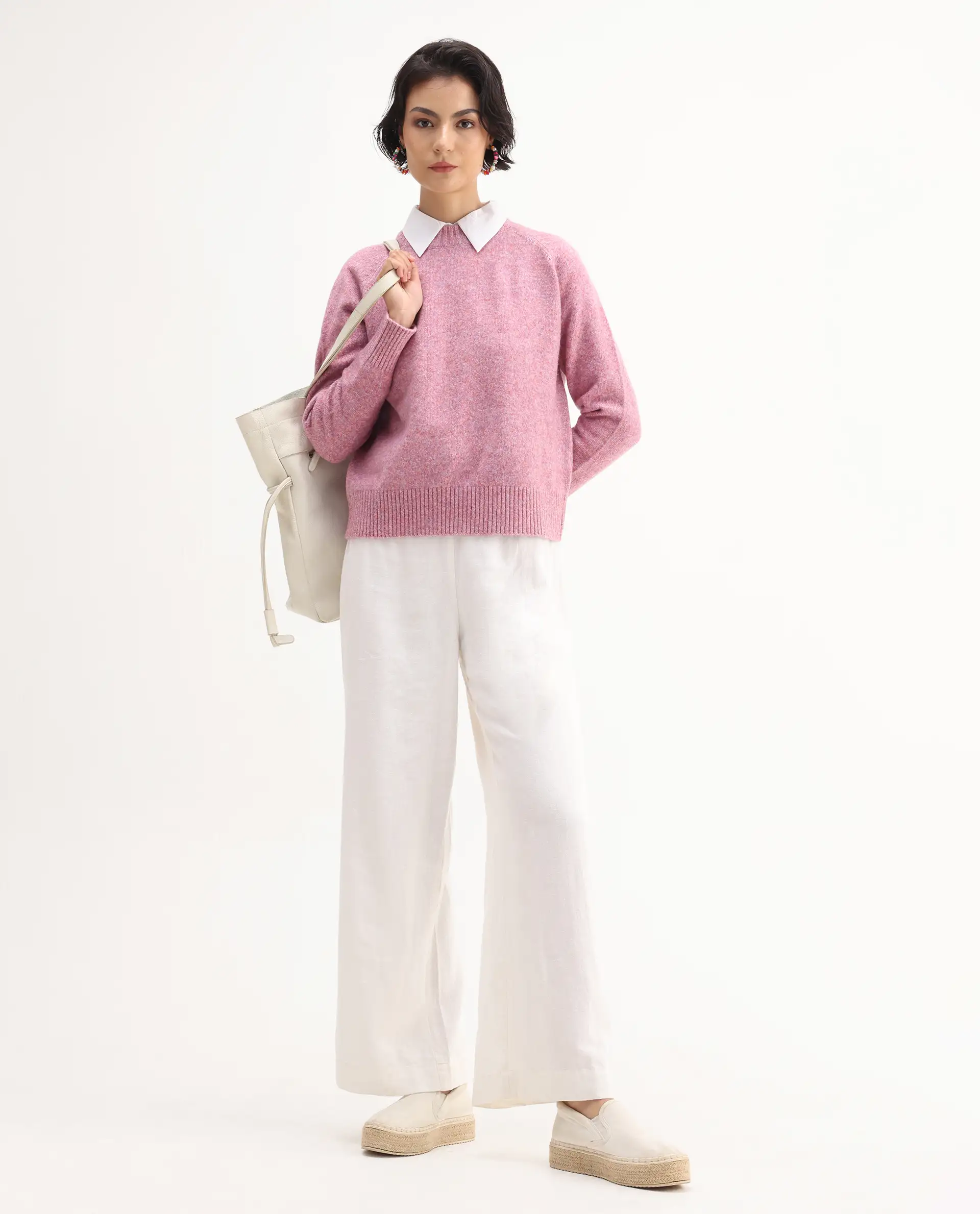 Rareism Women's Mitsu Light Pink Acrylic Blend Crew Neck Relaxed Fit Sweater - Image 2