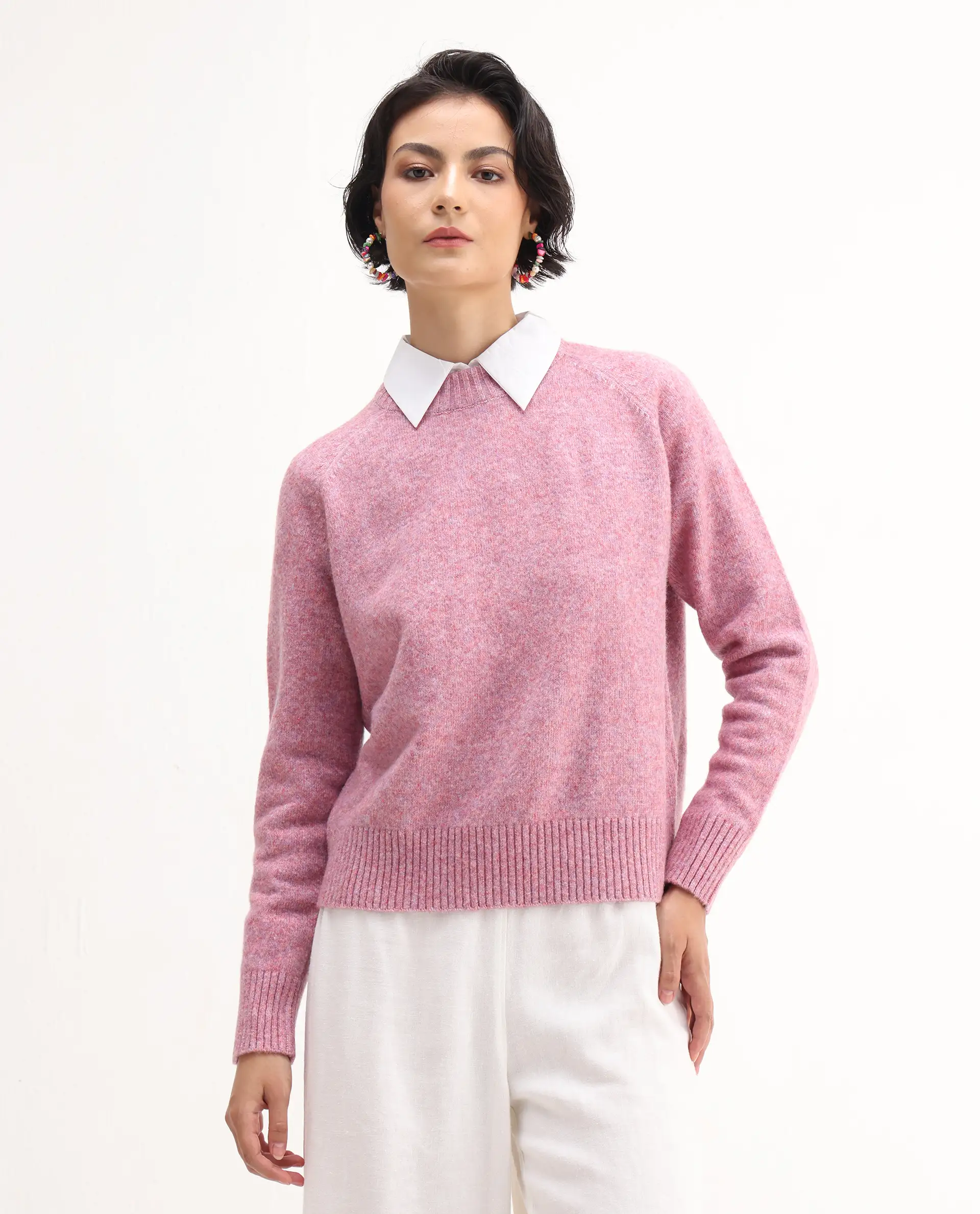 Rareism Women's Mitsu Light Pink Acrylic Blend Crew Neck Relaxed Fit Sweater - Image 3