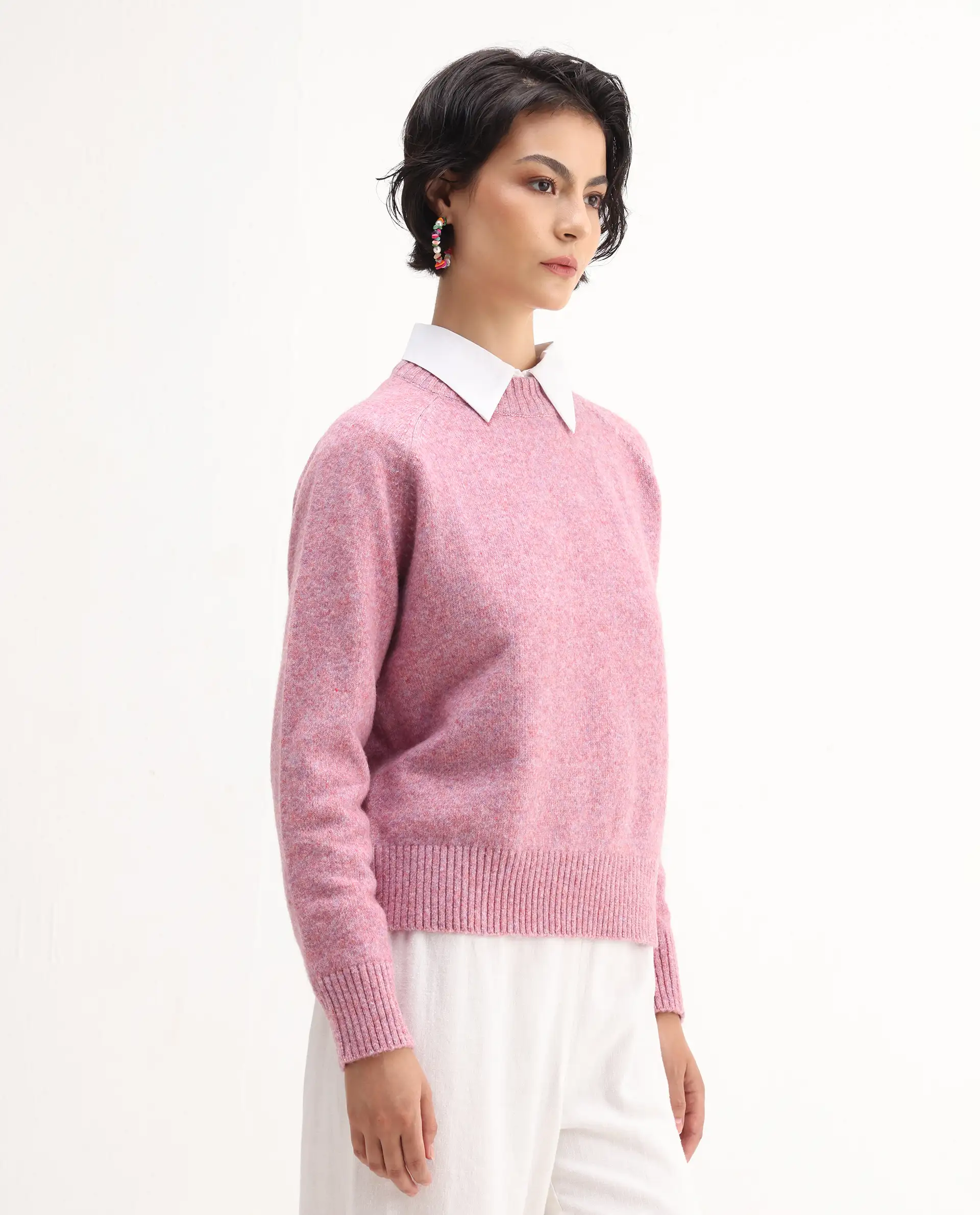 Rareism Women's Mitsu Light Pink Acrylic Blend Crew Neck Relaxed Fit Sweater - Image 4