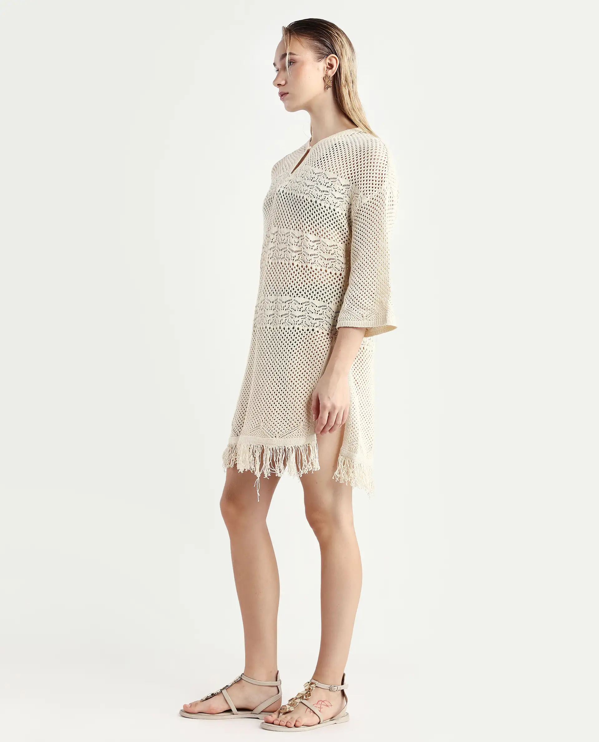 Rareism Women's Mitsuko Off White Cotton Key Hole Neck Plain Knee Length Relaxed Fit Dress - Image 5