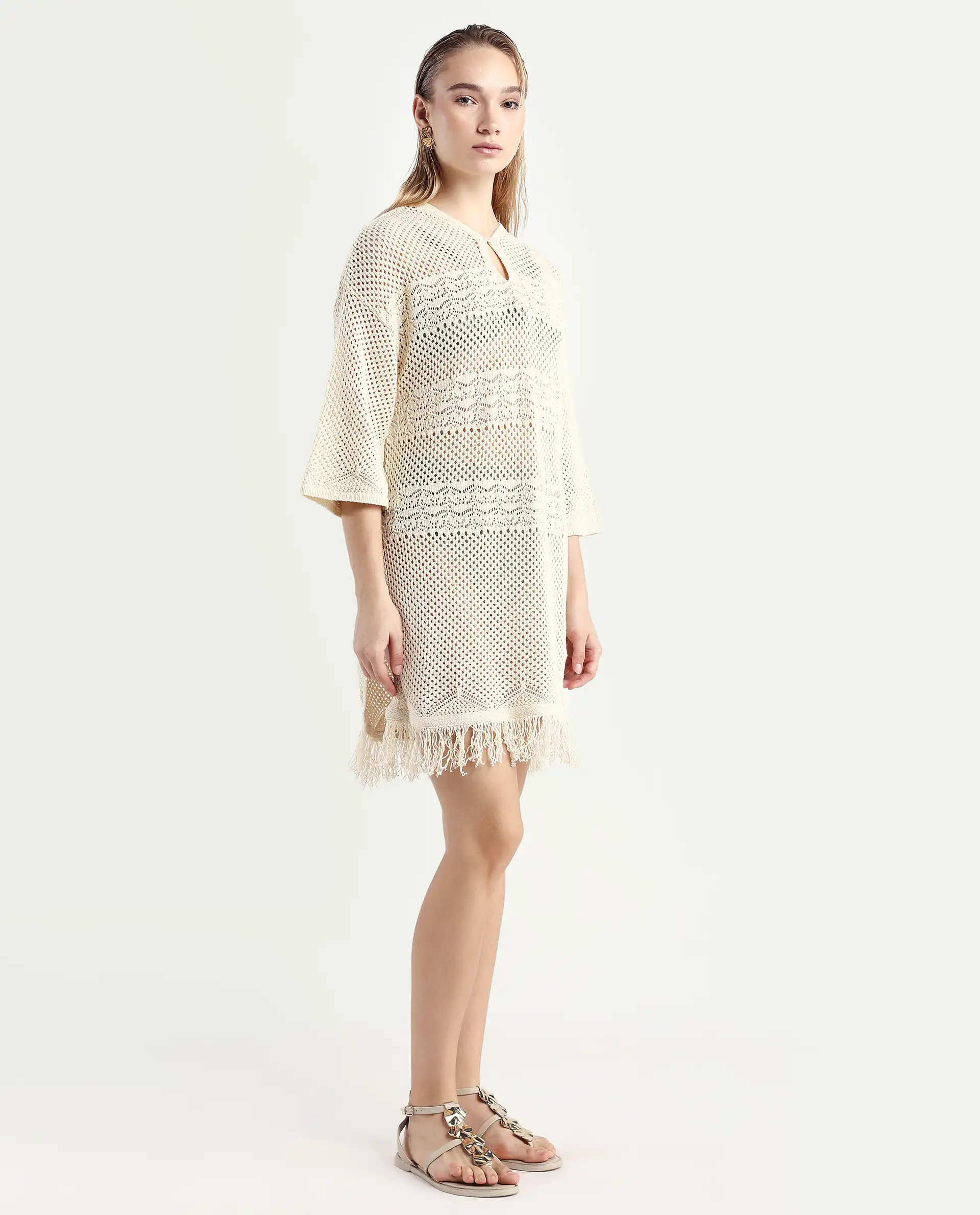 Rareism Women's Mitsuko Off White Cotton Key Hole Neck Plain Knee Length Relaxed Fit Dress - Image 6