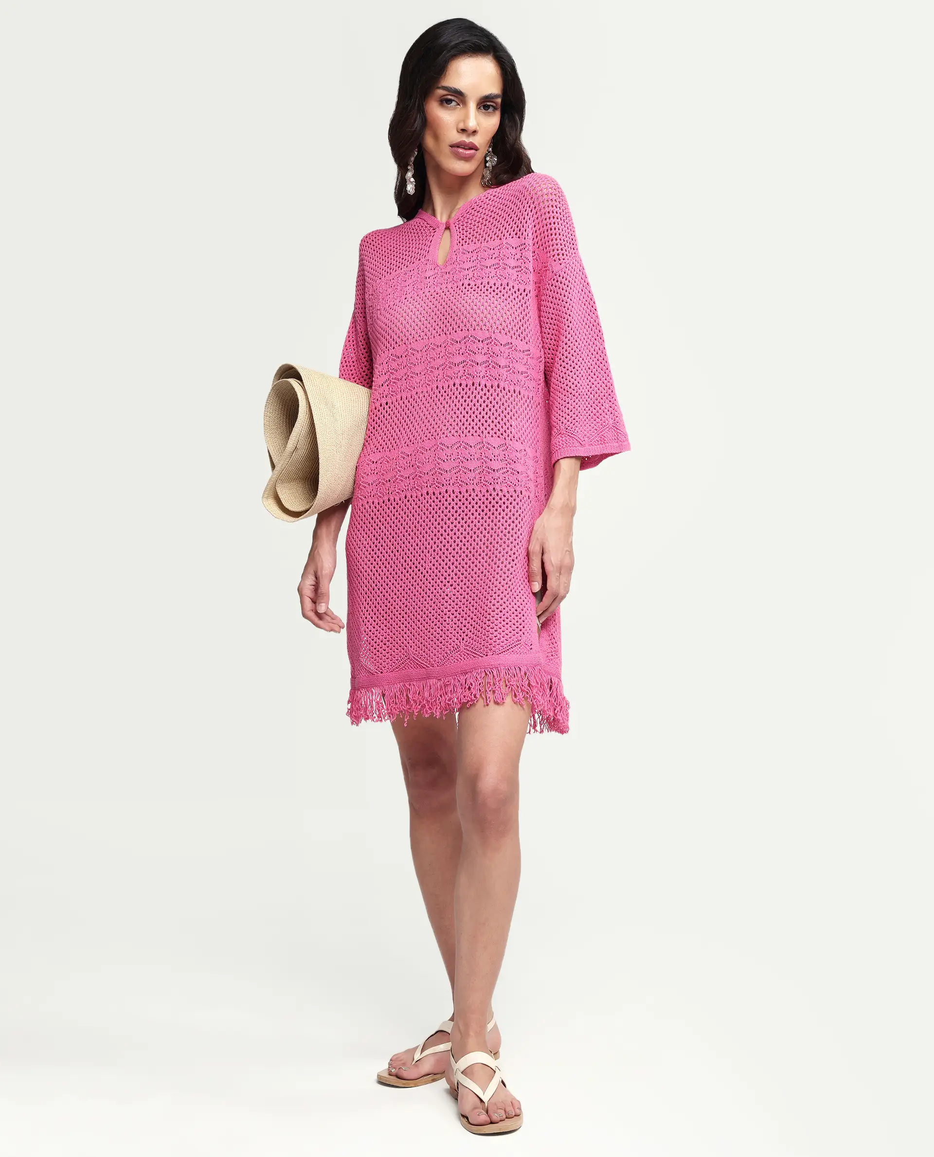 Rareism Women's Mitsuko Pink Cotton Key Hole Neck Plain Knee Length Relaxed Fit Dress - Image 2